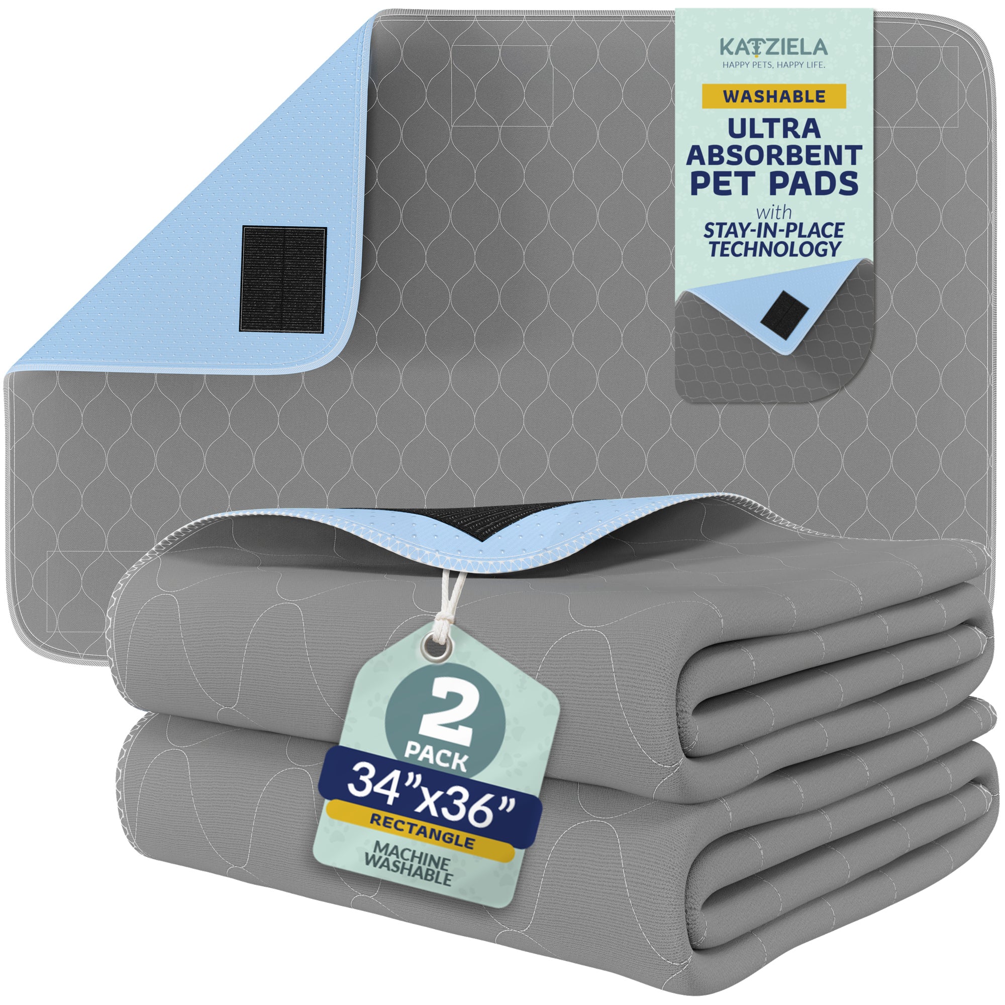 Katziela Quick-Drying Washable Pee Pads for Dogs With Hook & Loop Rectangular