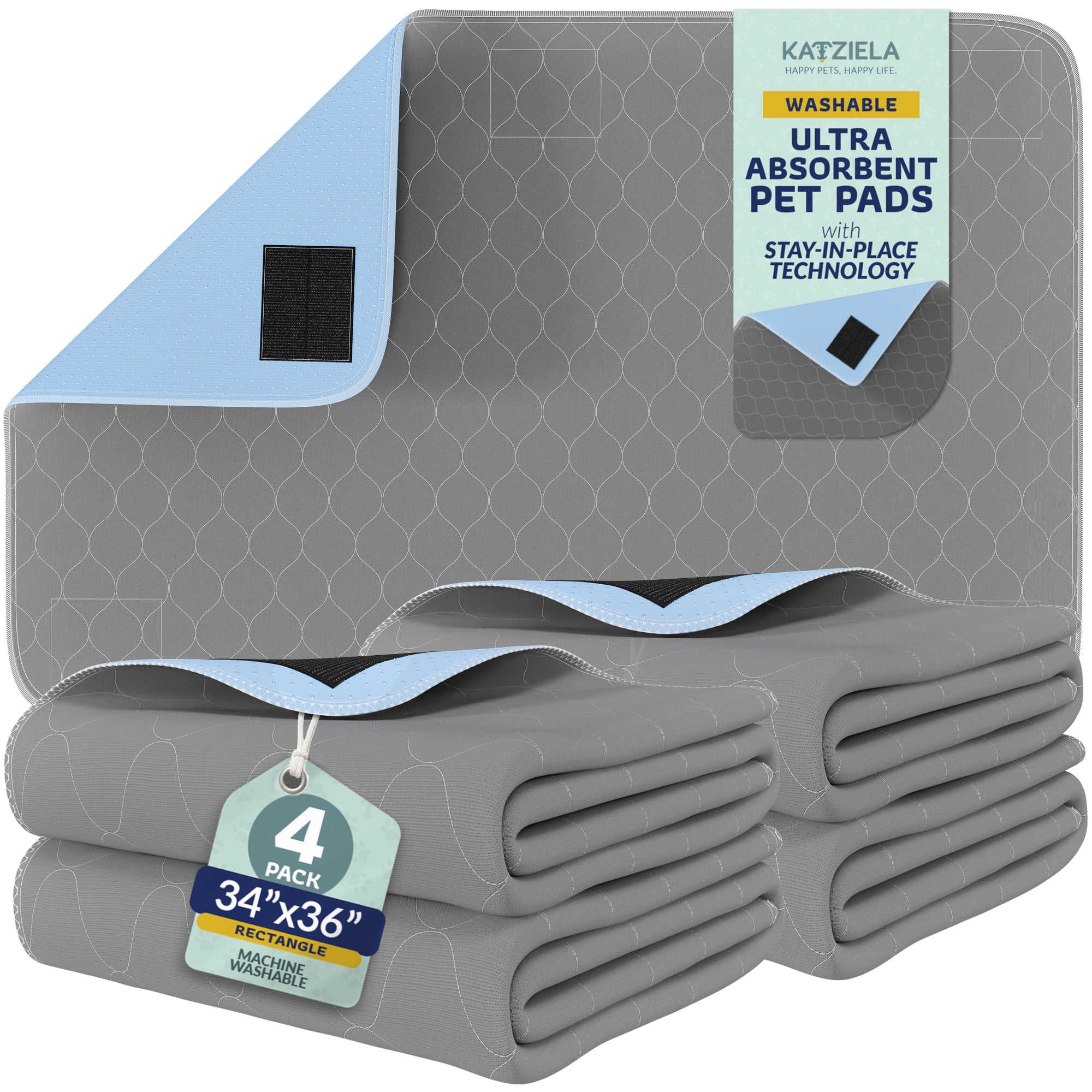 Katziela Quick-Drying Washable Pee Pads for Dogs With Hook & Loop Rectangular