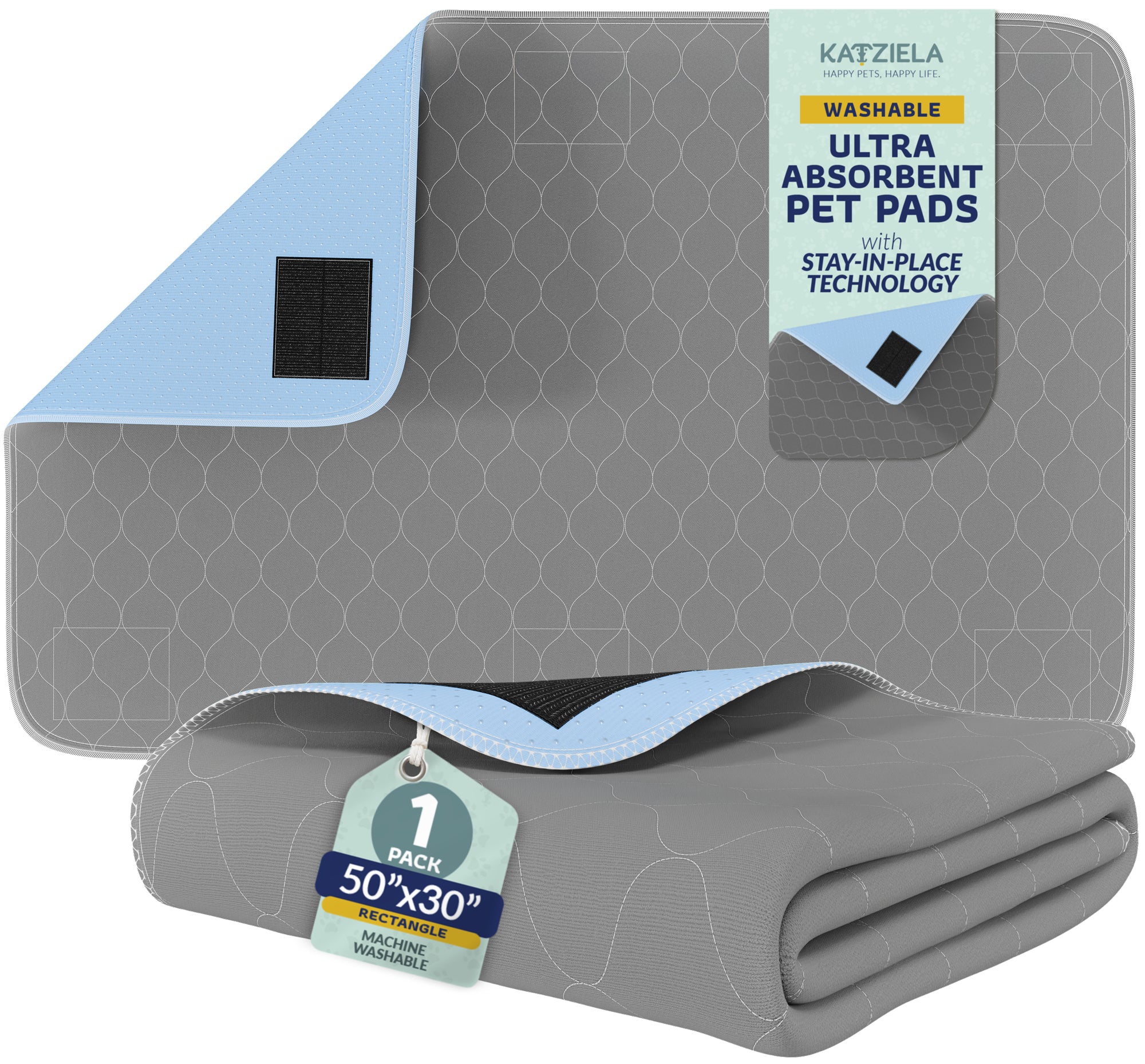Katziela Quick-Drying Washable Pee Pads for Dogs With Hook & Loop Rectangular