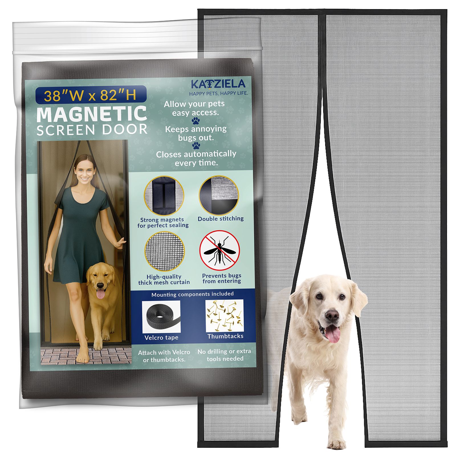 Katziela Magnetic Screen Door 38x83 – Pet & Kid-Friendly Mesh with Extra Bottom Magnets – Heavy-Duty, Hands-Free Closure, Keeps Bugs Out & Lets Fresh Air In