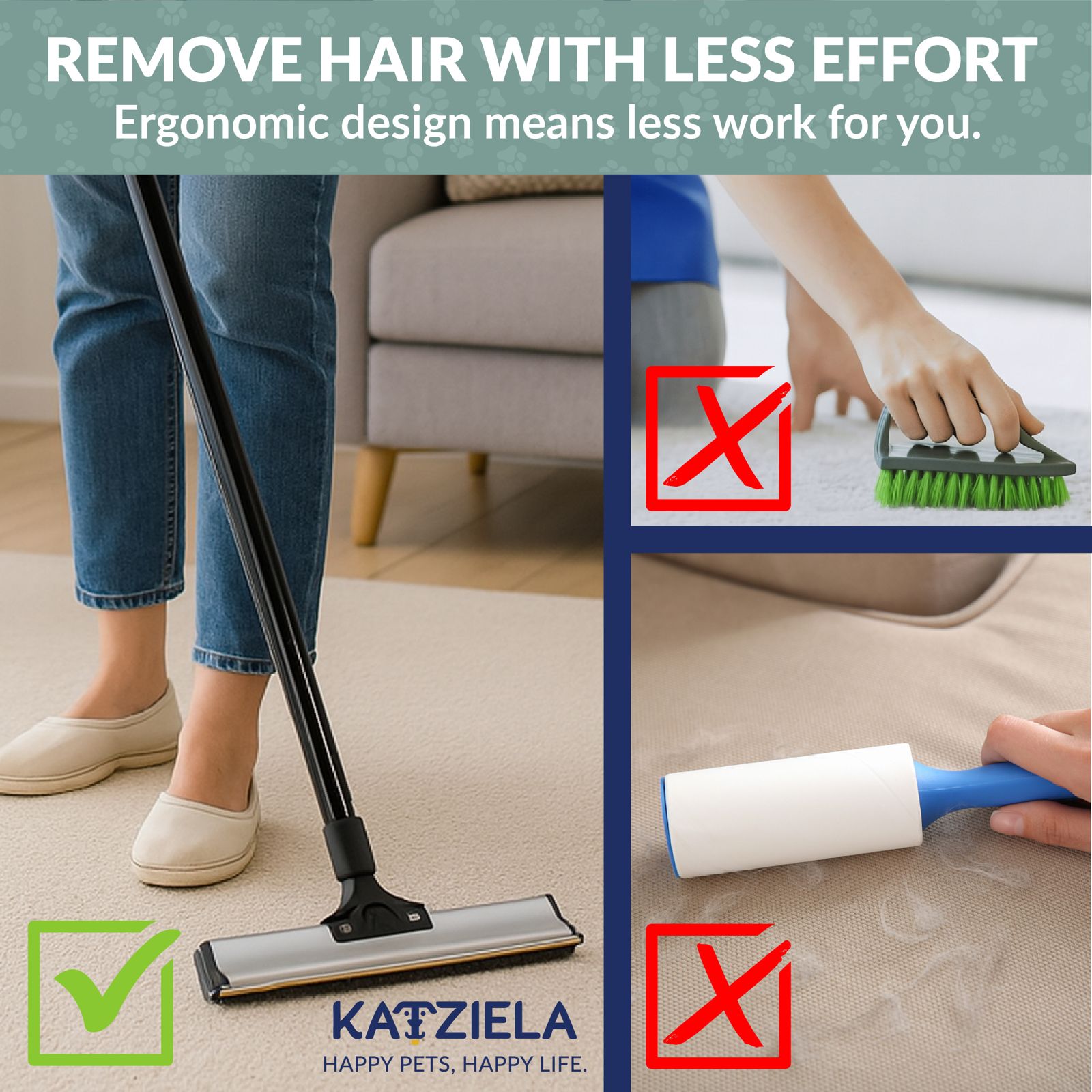 Katziela DuoSweep Broom – Dual-Sided Pet Hair Remover with Metal & Rubber Blade