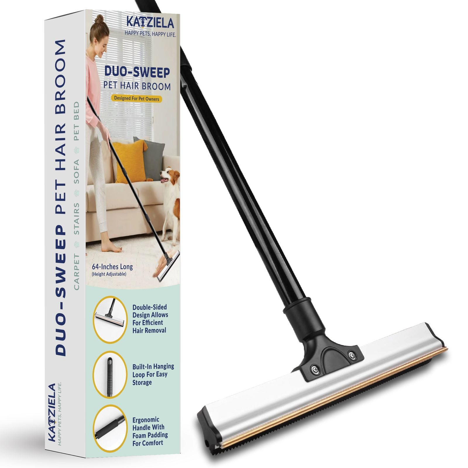 Katziela DuoSweep Broom – Dual-Sided Pet Hair Remover with Metal & Rubber Blade