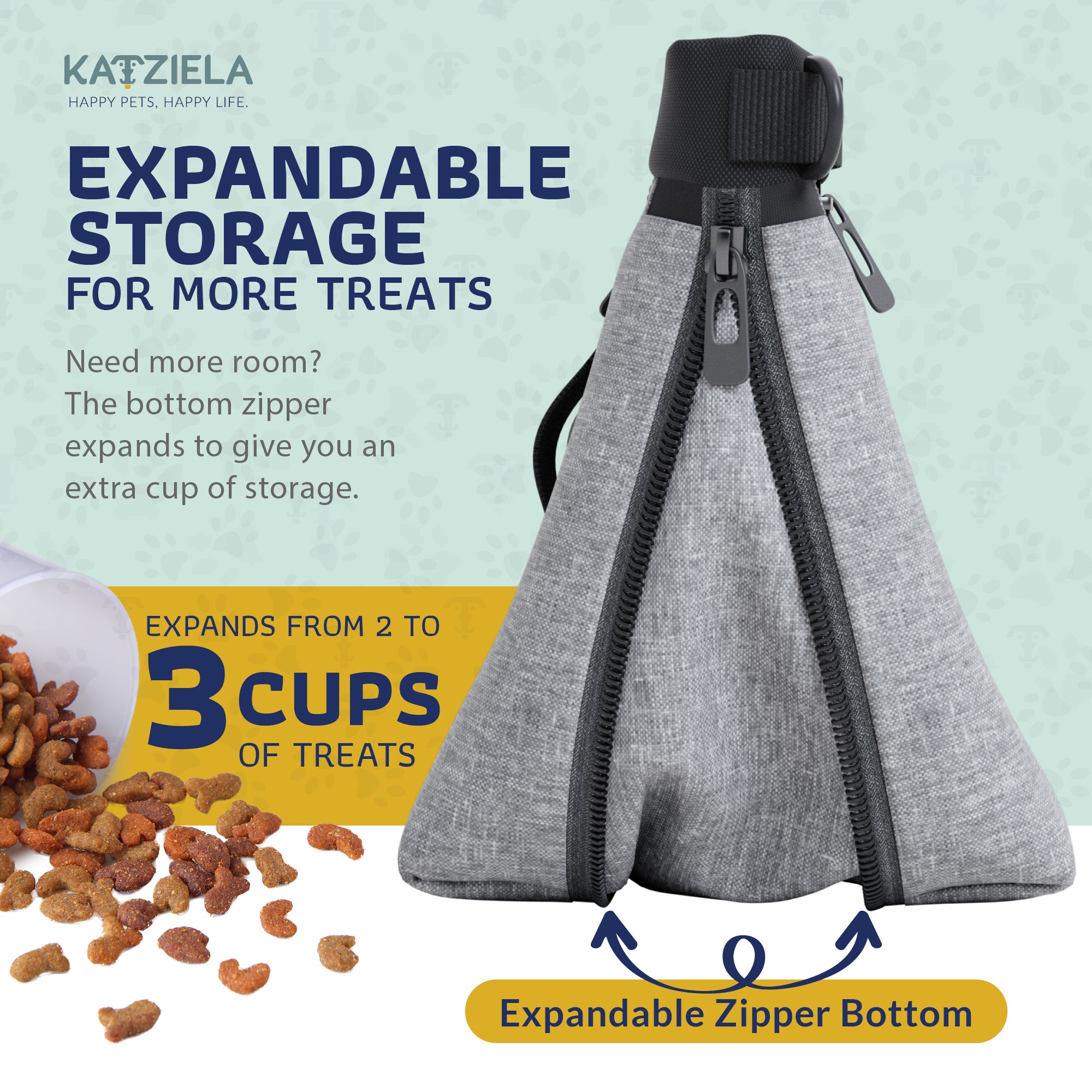 Katziela Expandable Pet Treat Pouch - Hands Free Dog Treat Pouch, Quick Access Magnet Closure - Anti Spill Dog Treat Bag - Treat Pouches for Pet Training, Adjustable Shoulder Strap & Belt Clip