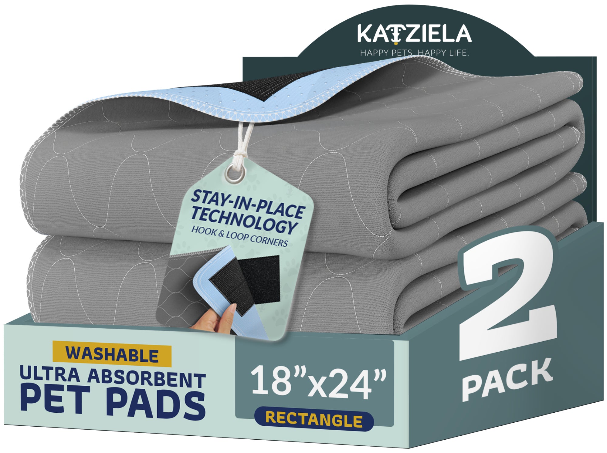 Katziela Quick-Drying Washable Pee Pads for Dogs With Hook & Loop Rectangular