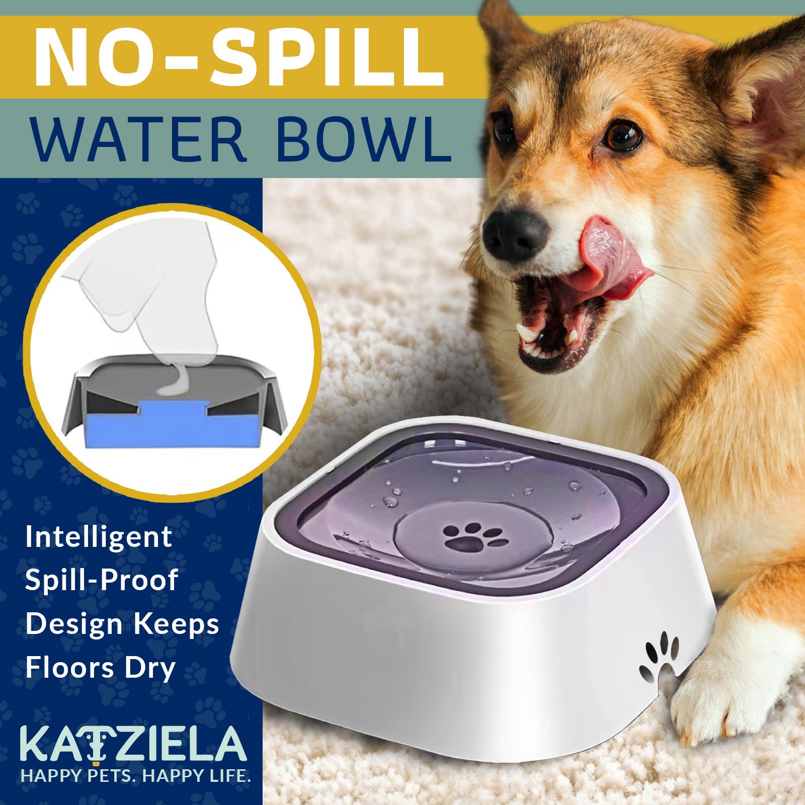 Katziela No Spill Dog & Cat Water Bowl - 35oz Slow Feeder, No Drip, Non-Slip Design