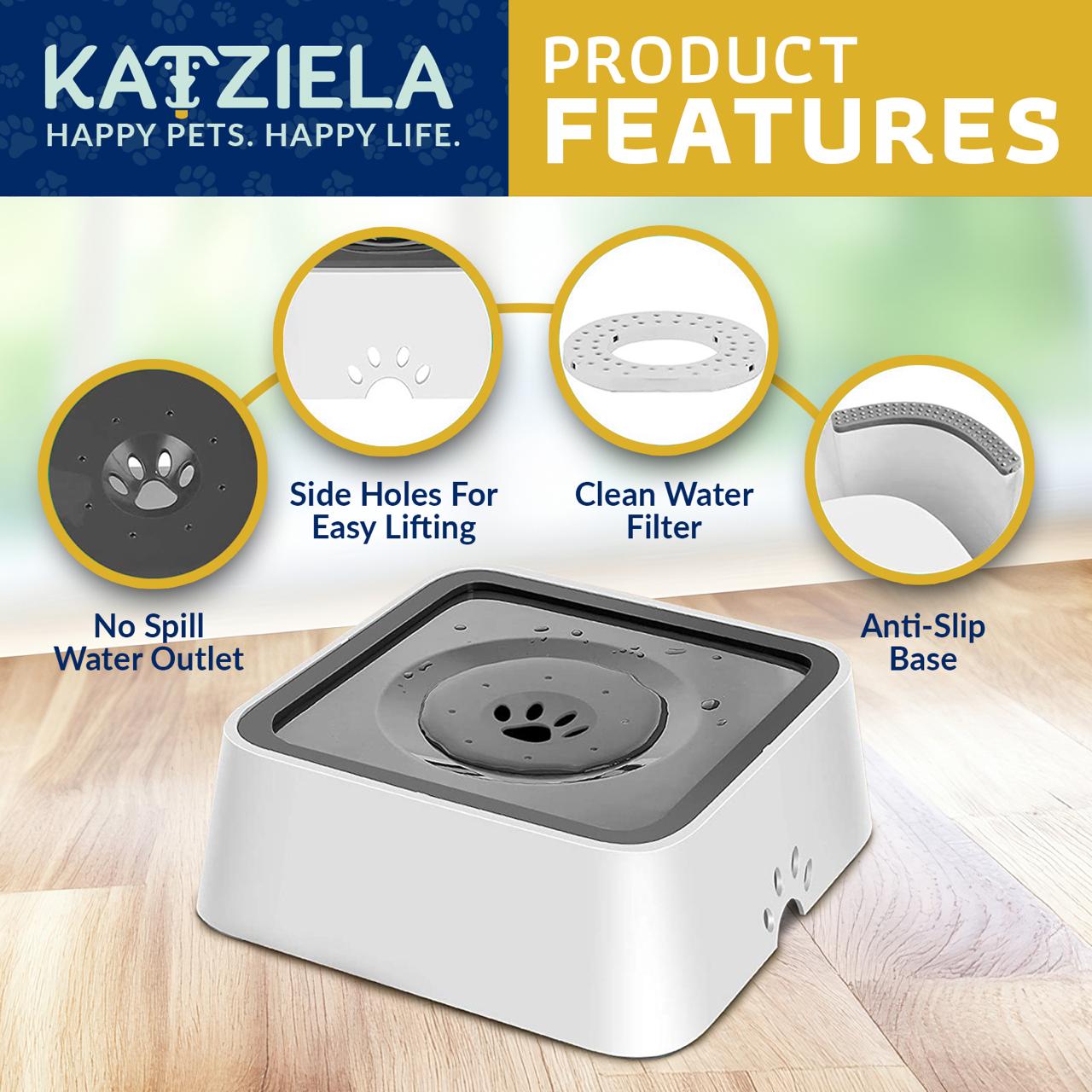 Katziela No Spill Dog & Cat Water Bowl - 35oz Slow Feeder, No Drip, Non-Slip Design