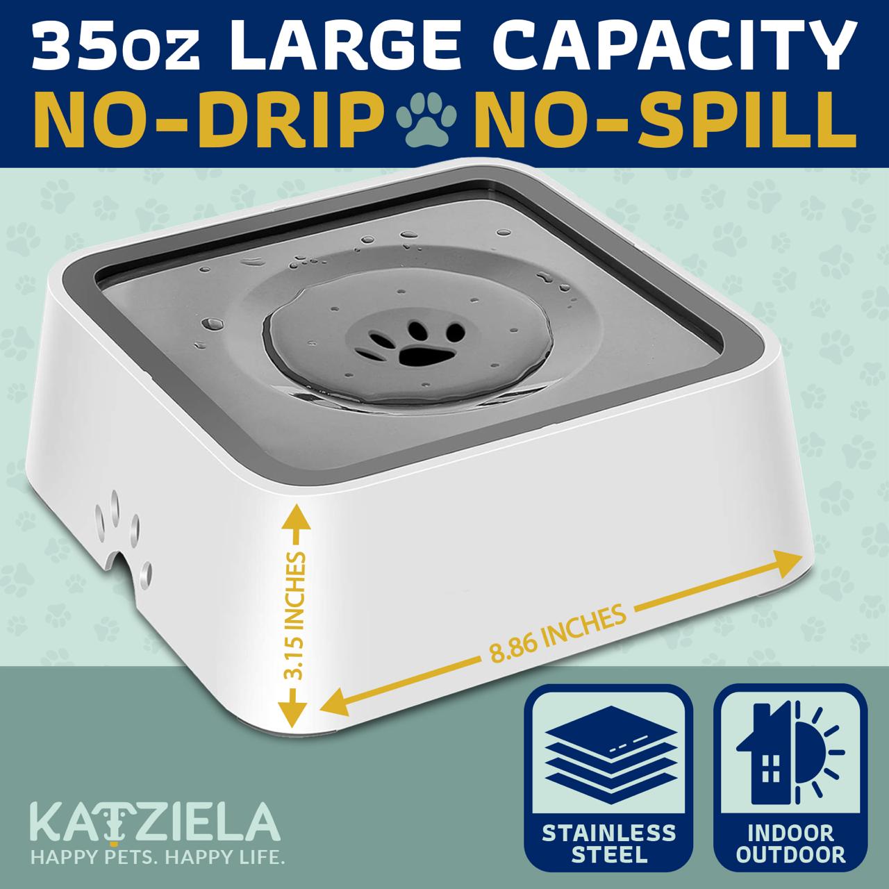 Katziela No Spill Dog & Cat Water Bowl - 35oz Slow Feeder, No Drip, Non-Slip Design