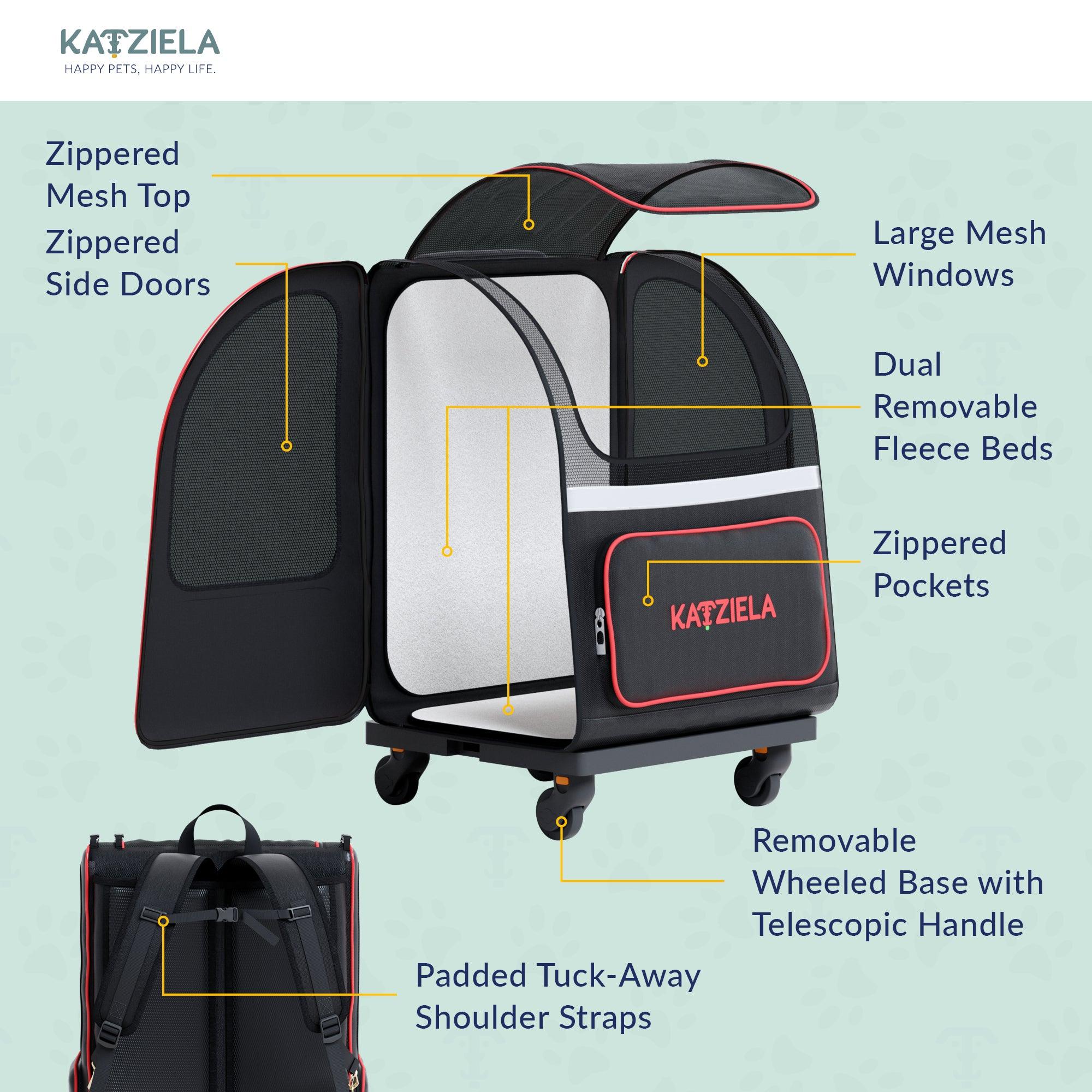 Hybrid Adventurer™ Pet Backpack with Removable Wheels and Telescopic Handle - Katziela