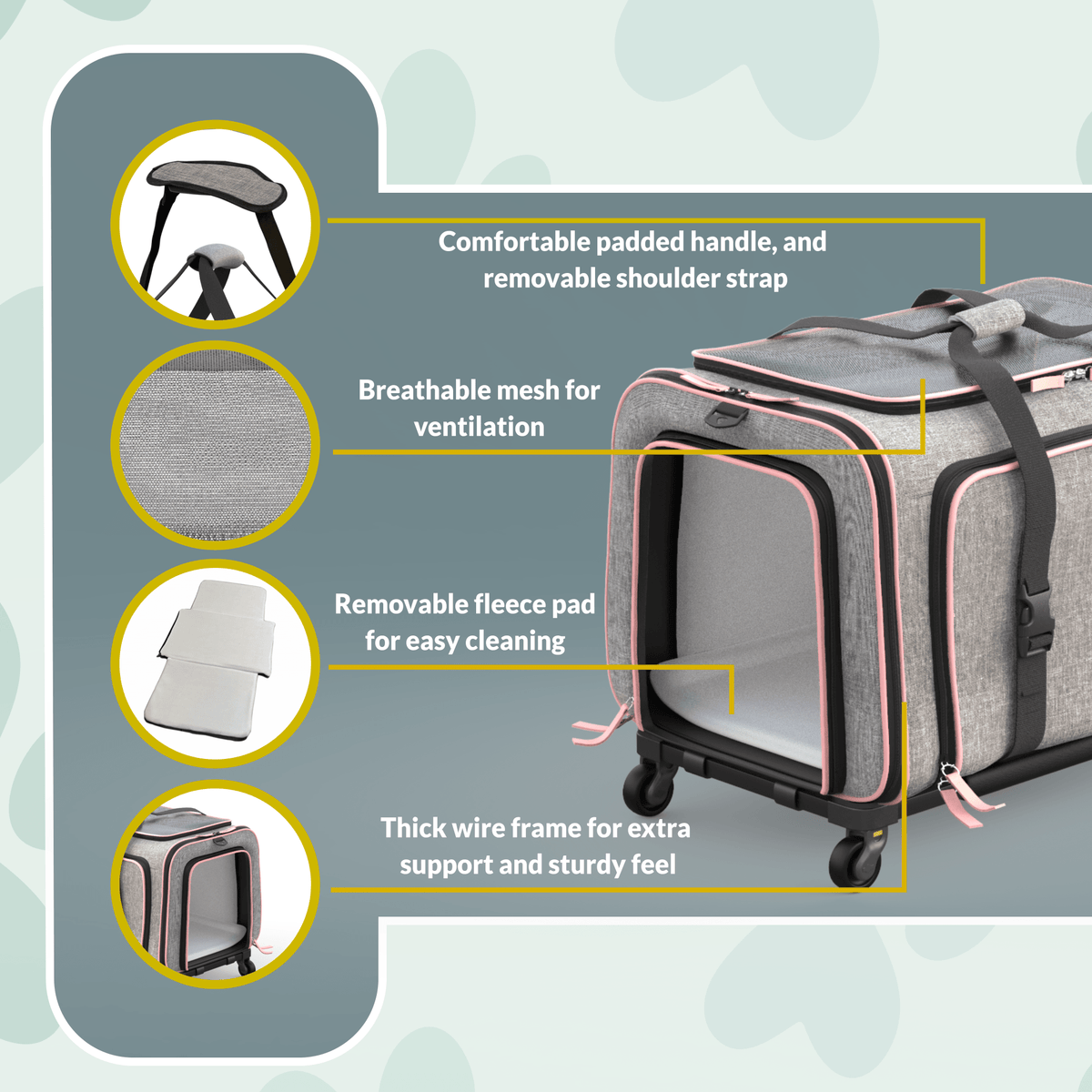 Rolling Rover Airline Compliant Expandable Wheeled Pet Carrier #Color_Gray Pink