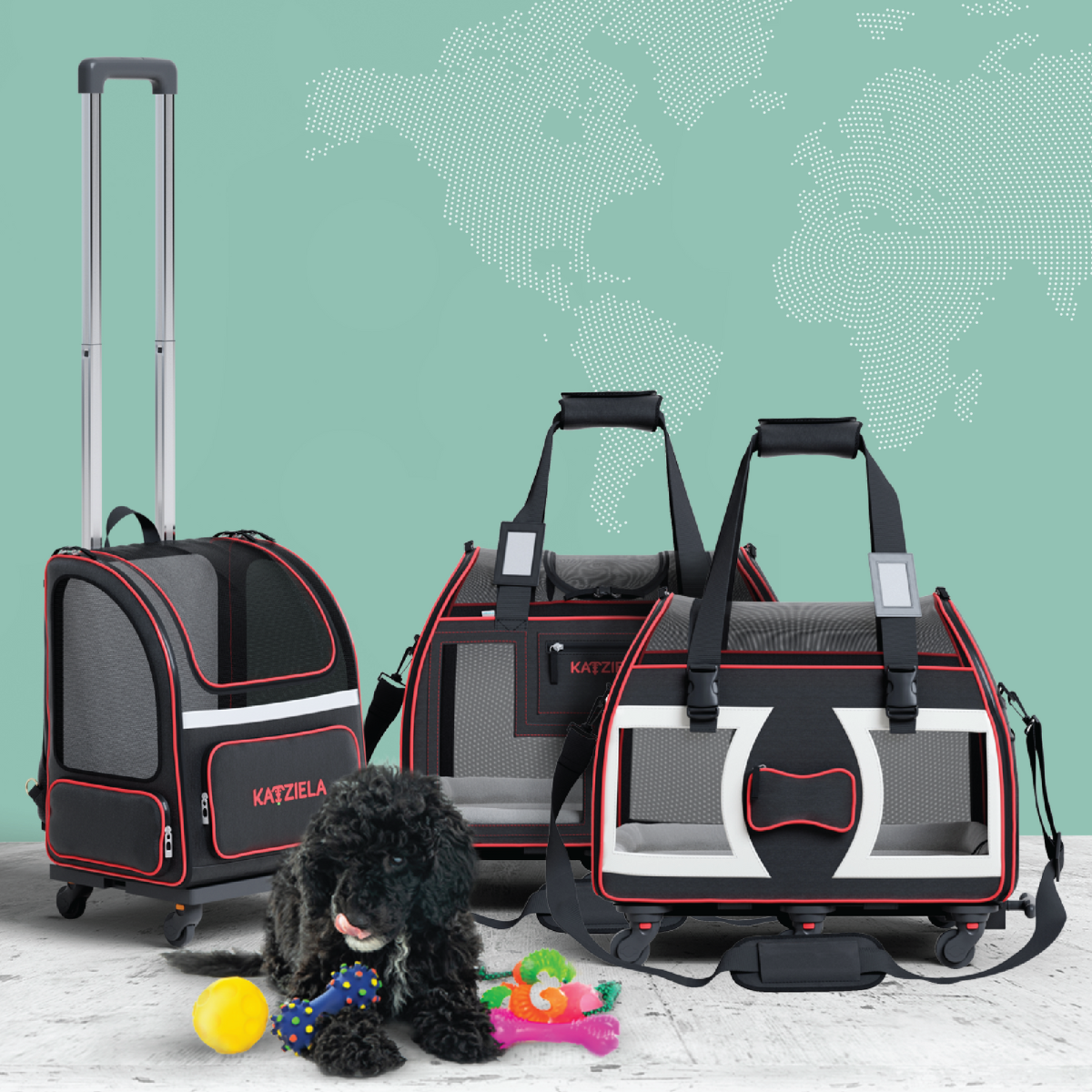 poodle playing with dog toys hybrid adventurer dog backpack and two pet carrier with wheels bone cruiser and luxury lorry