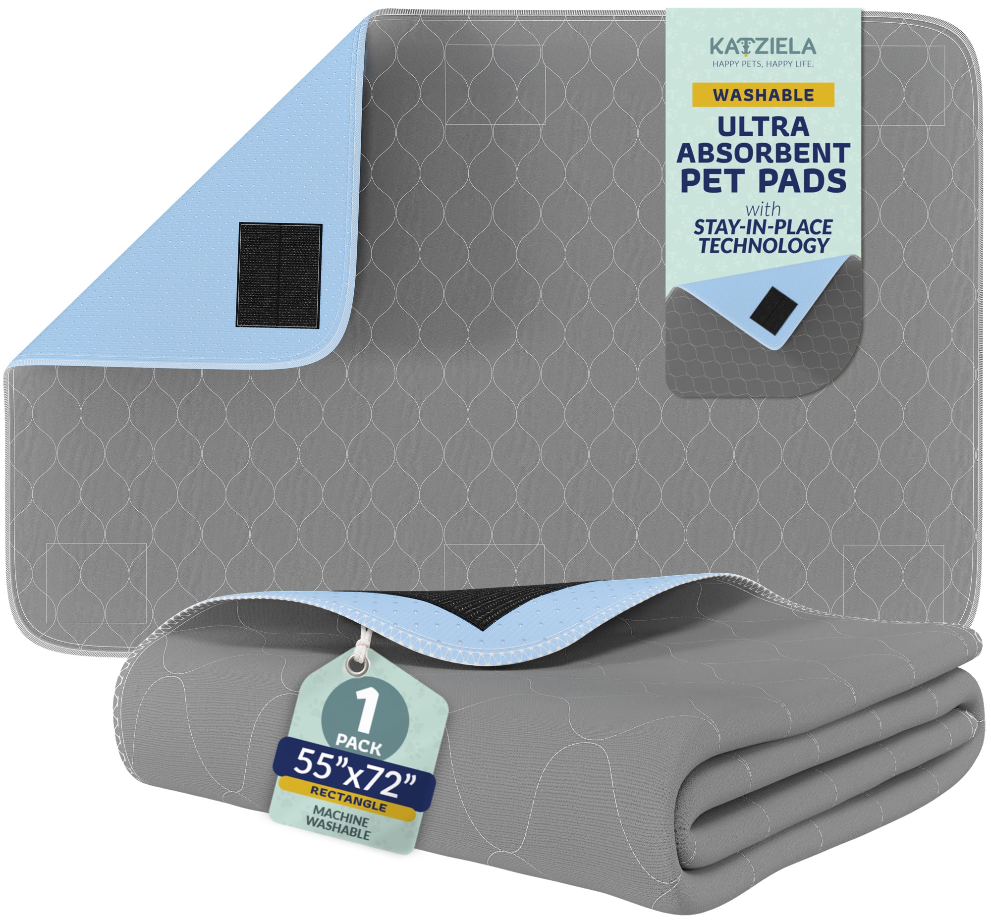 Katziela Quick-Drying Washable Pee Pads for Dogs With Hook & Loop Rectangular