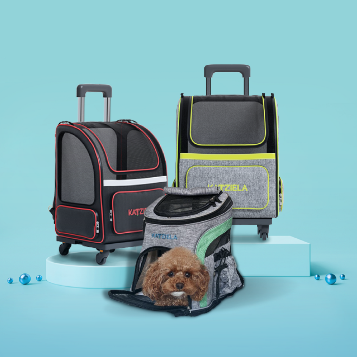puppy inside katziela voyager dog backpack carrier and two katziela hybrid adventurer dog carrier backpacks