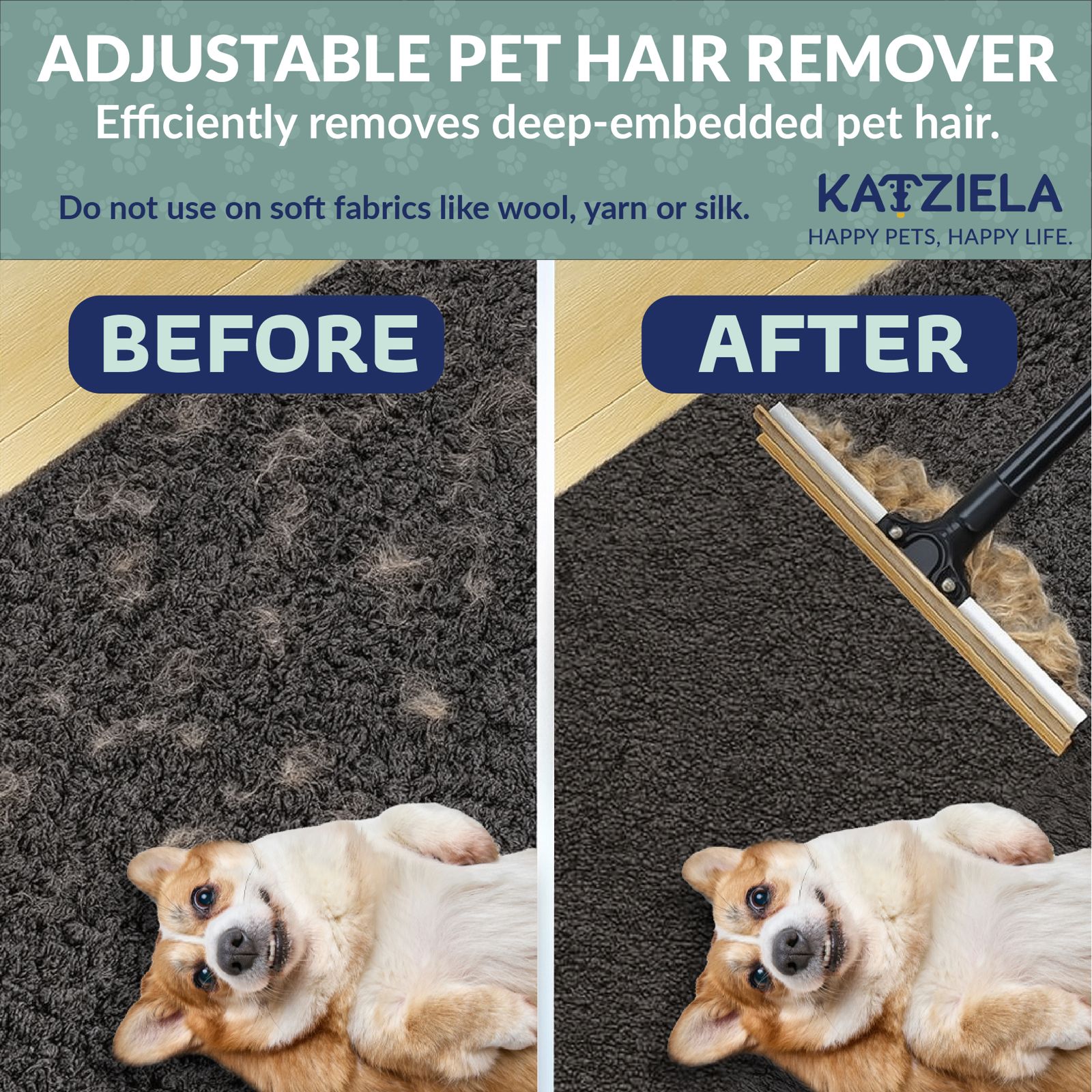 Katziela DuoSweep Broom – Dual-Sided Pet Hair Remover with Metal & Rubber Blade