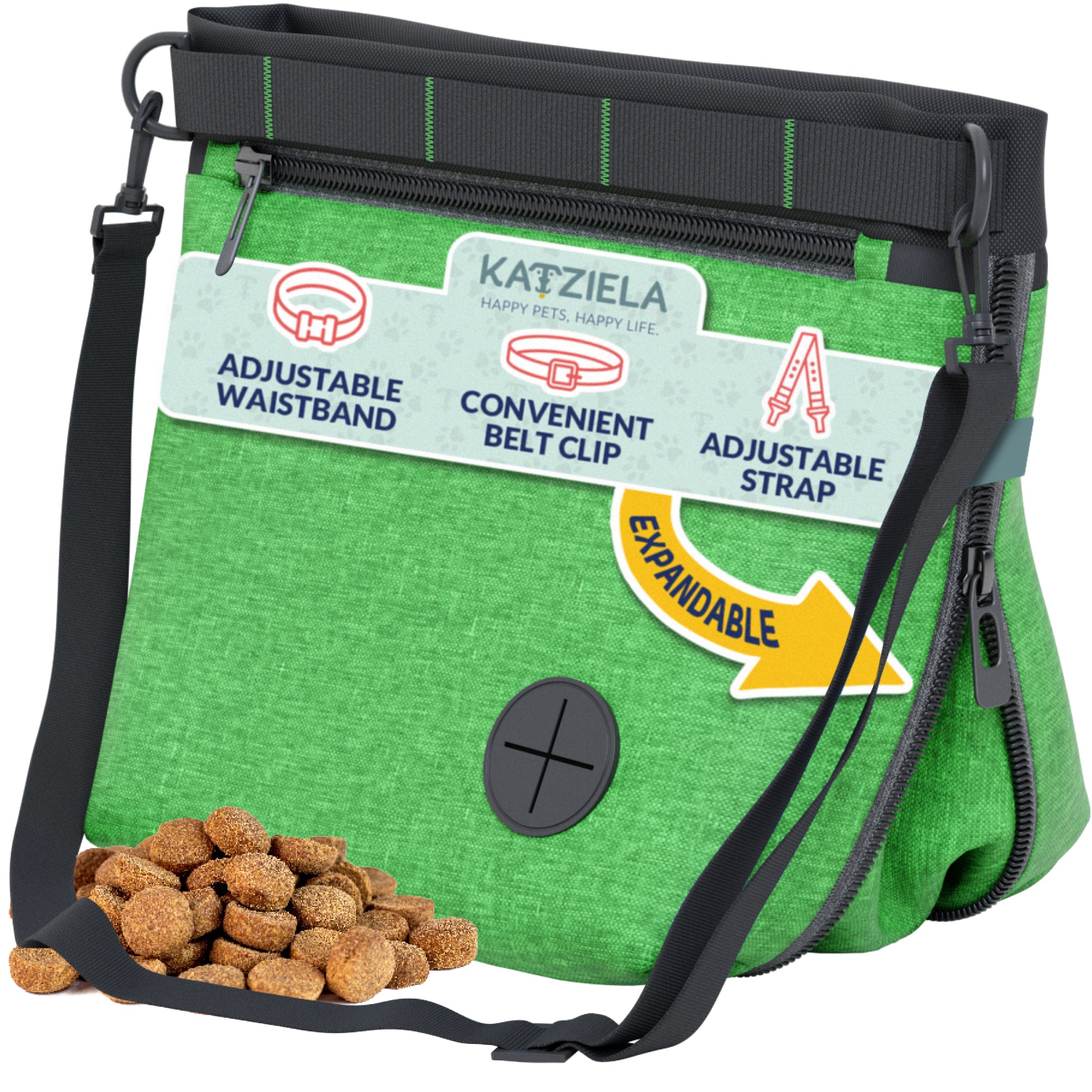 Katziela Expandable Pet Treat Pouch - Hands Free Dog Treat Pouch, Quick Access Magnet Closure - Anti Spill Dog Treat Bag - Treat Pouches for Pet Training, Adjustable Shoulder Strap & Belt Clip