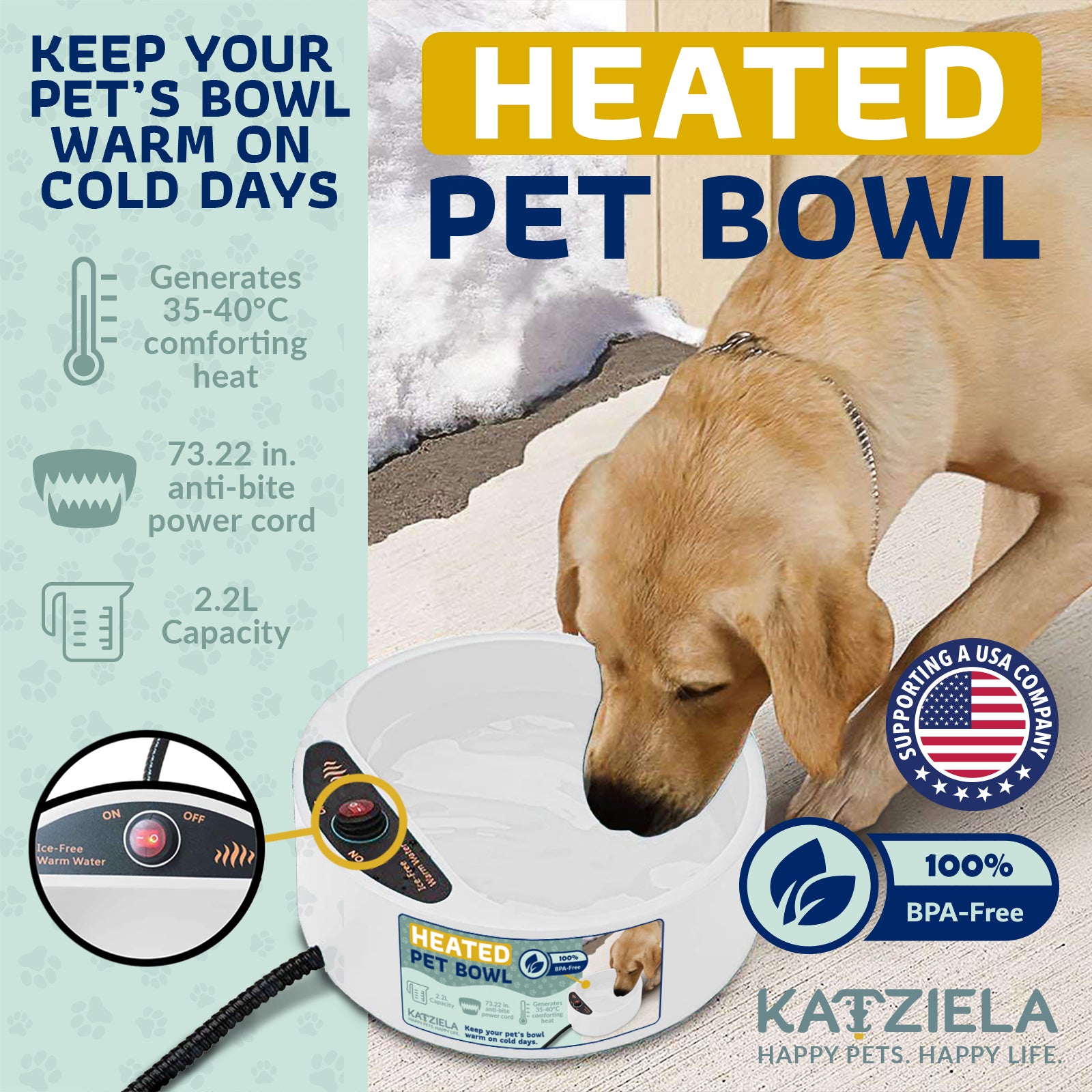 Katziela 2 Liter Heated Pet Water Bowl With Anti-Bite Cord To Keep Your Pet's Bowl Warm On Cool Day's