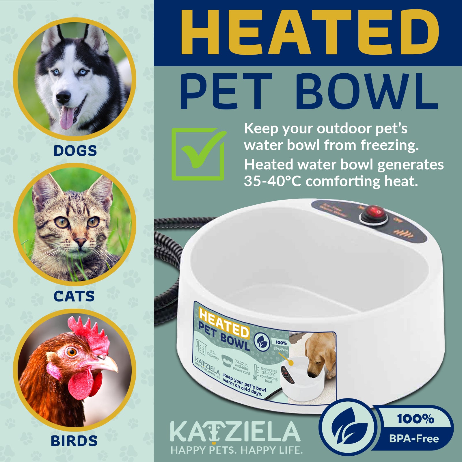 Katziela 2 Liter Heated Pet Water Bowl With Anti-Bite Cord To Keep Your Pet's Bowl Warm On Cool Day's