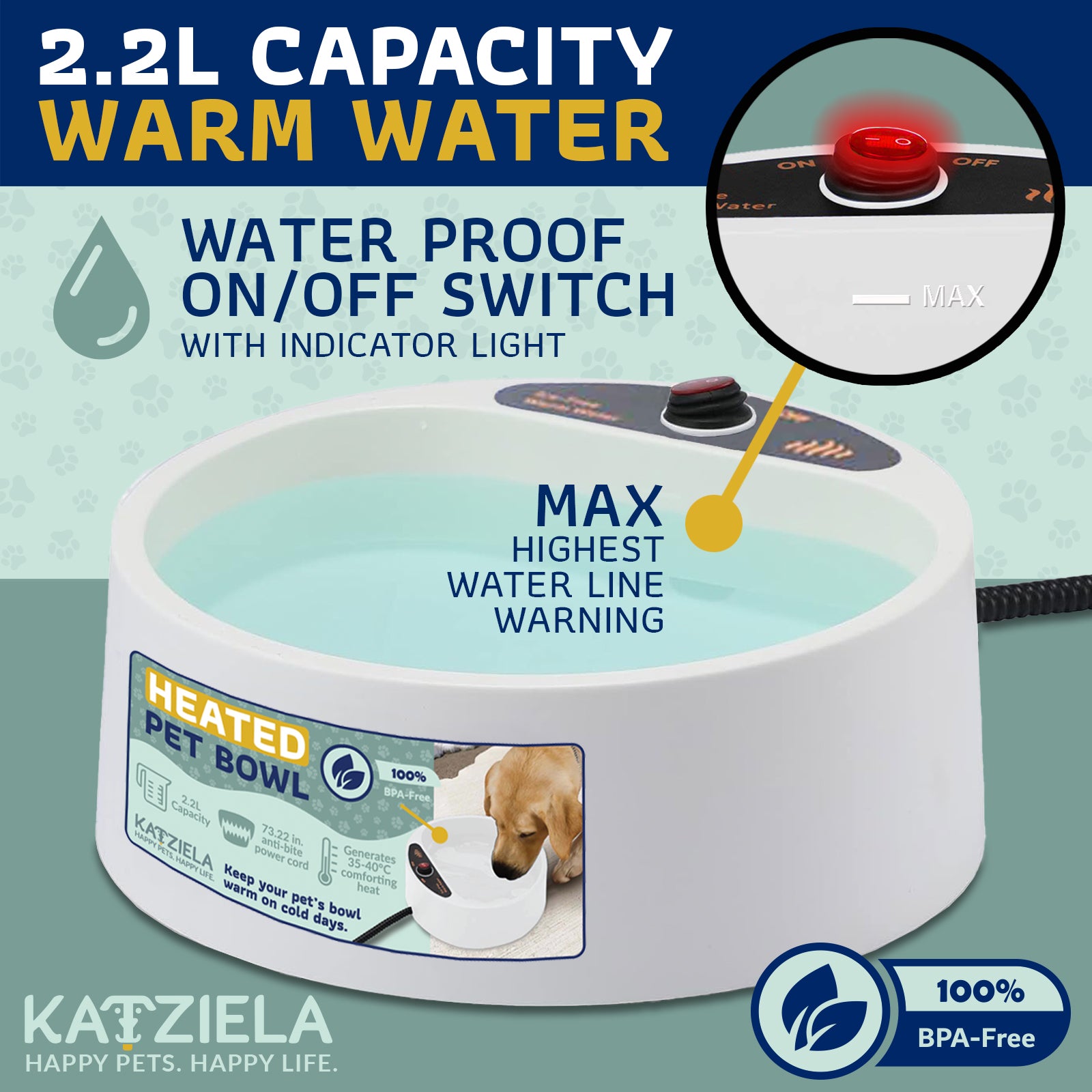 Katziela 2 Liter Heated Pet Water Bowl With Anti-Bite Cord To Keep Your Pet's Bowl Warm On Cool Day's