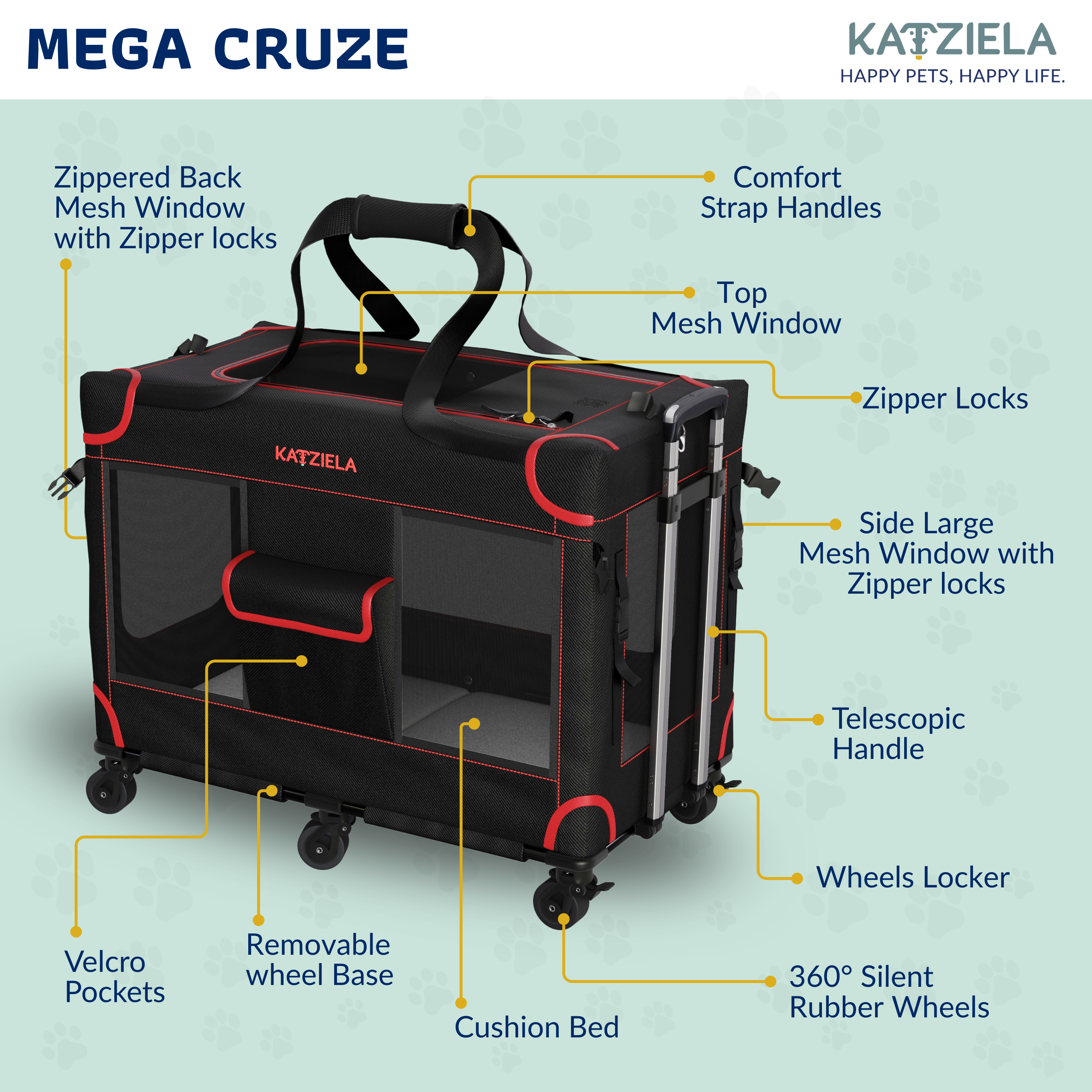 Katziela Mega Cruze Rolling Pet Carrier – Stress - Free Travel for Medium & Large Dogs 25”x17”x20”