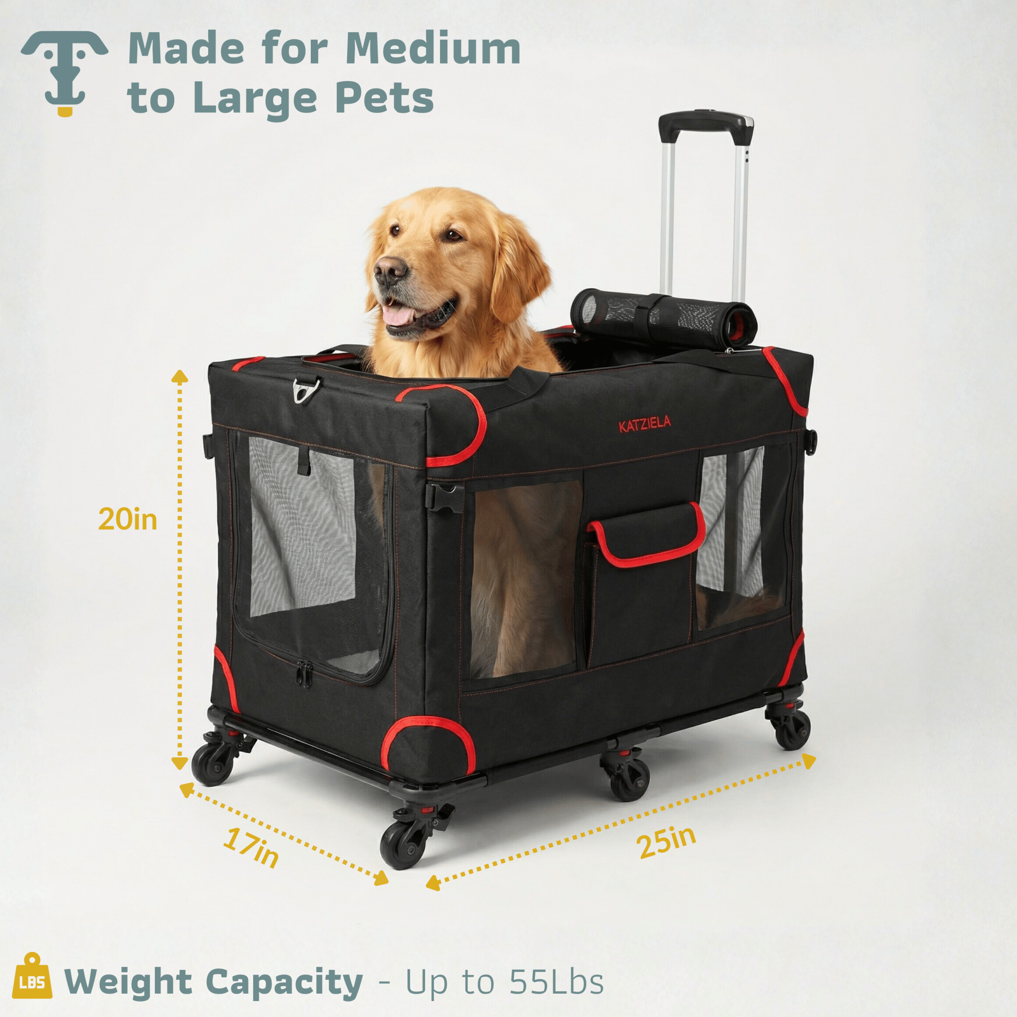 Katziela Mega Cruze Rolling Pet Carrier – Stress - Free Travel for Medium & Large Dogs 25”x17”x20”