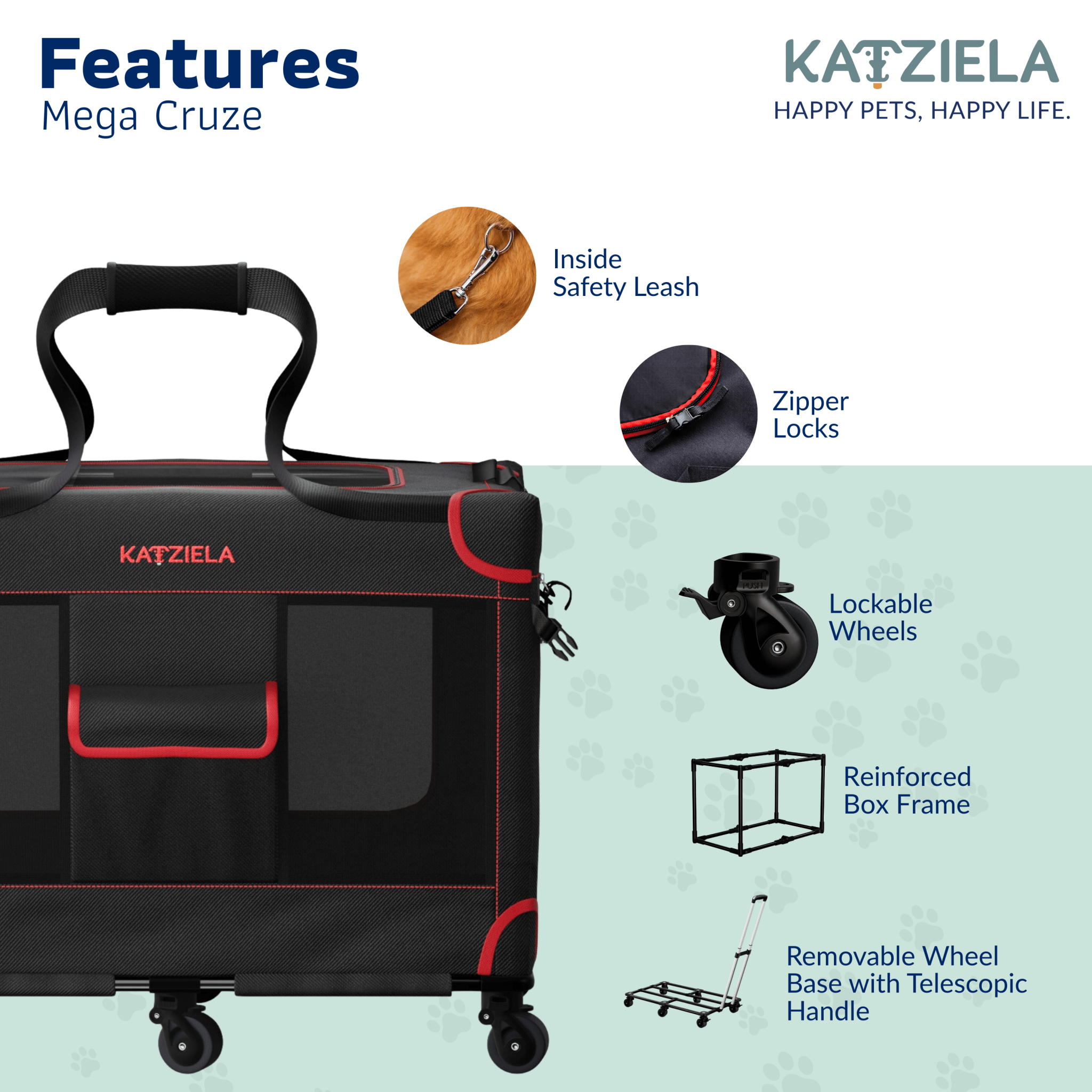 Katziela Mega Cruze Rolling Pet Carrier – Stress - Free Travel for Medium & Large Dogs 25”x17”x20”