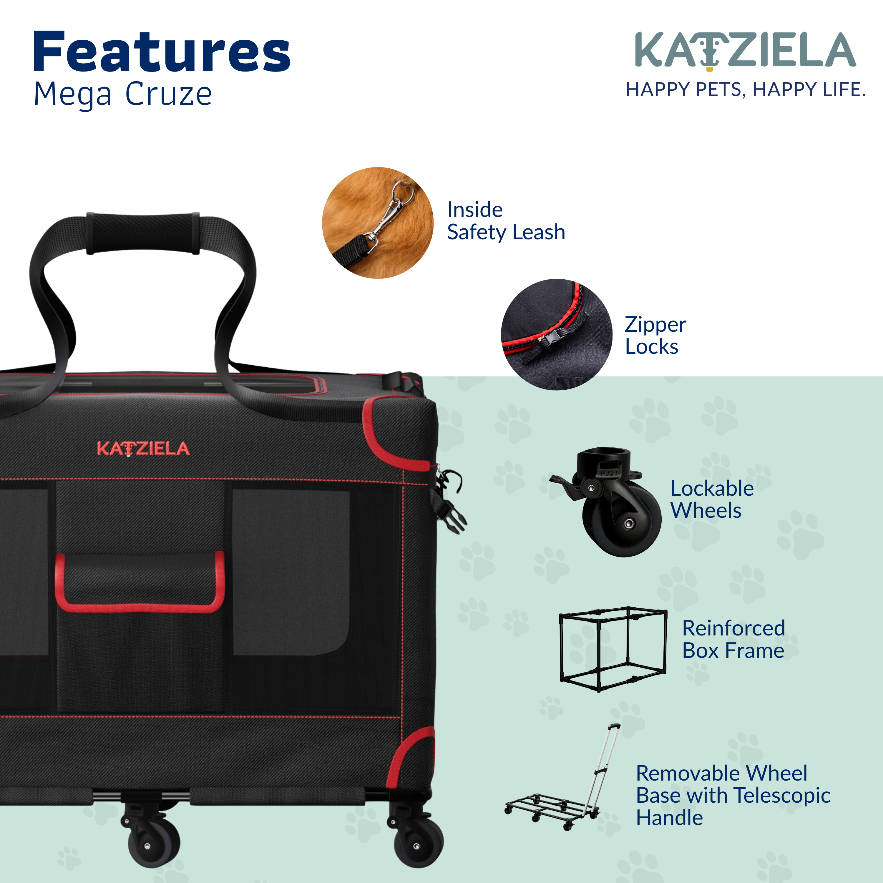 Katziela Mega Cruze Rolling Pet Carrier – Stress - Free Travel for Medium & Large Dogs 25”x17”x20”
