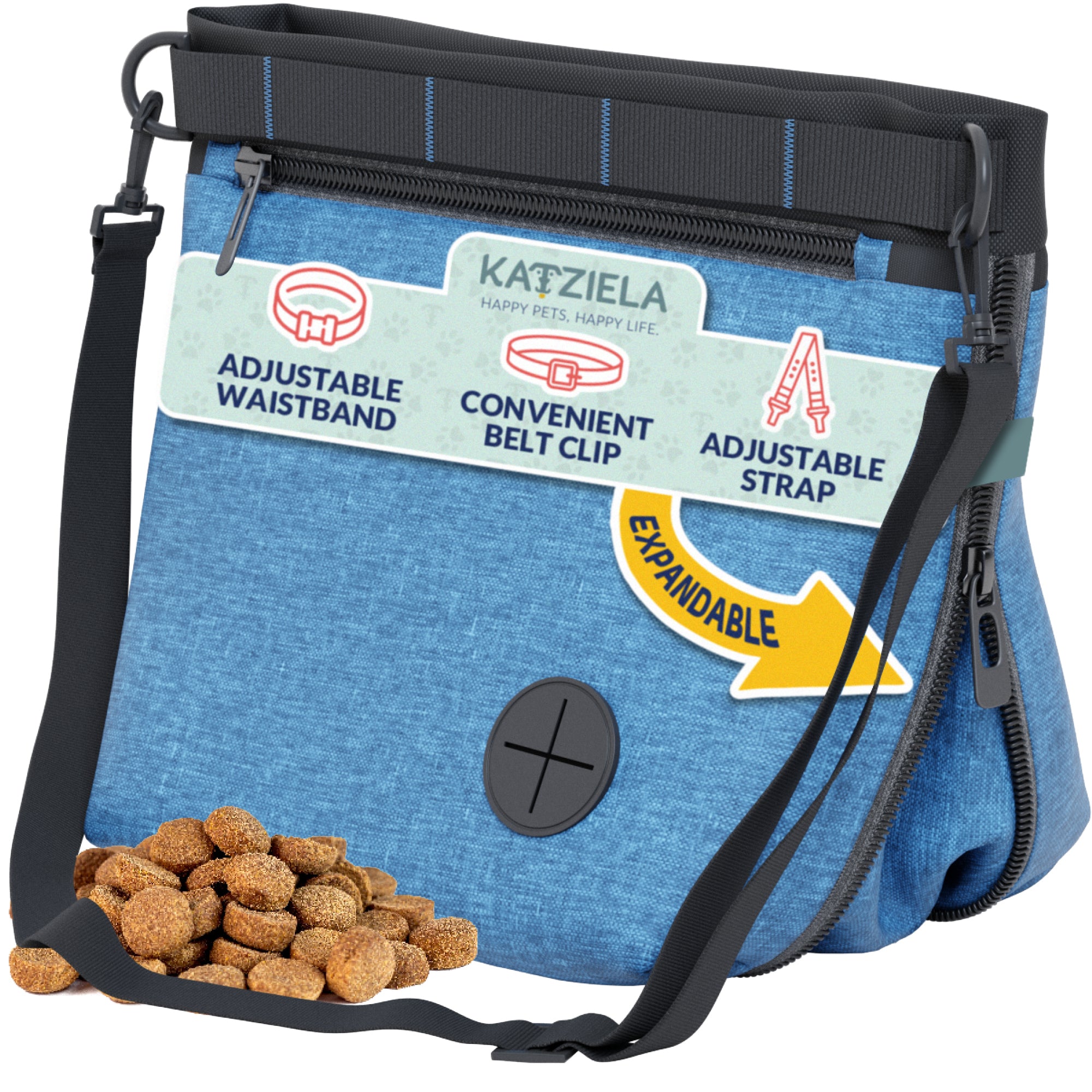 Katziela Expandable Pet Treat Pouch - Hands Free Dog Treat Pouch, Quick Access Magnet Closure - Anti Spill Dog Treat Bag - Treat Pouches for Pet Training, Adjustable Shoulder Strap & Belt Clip