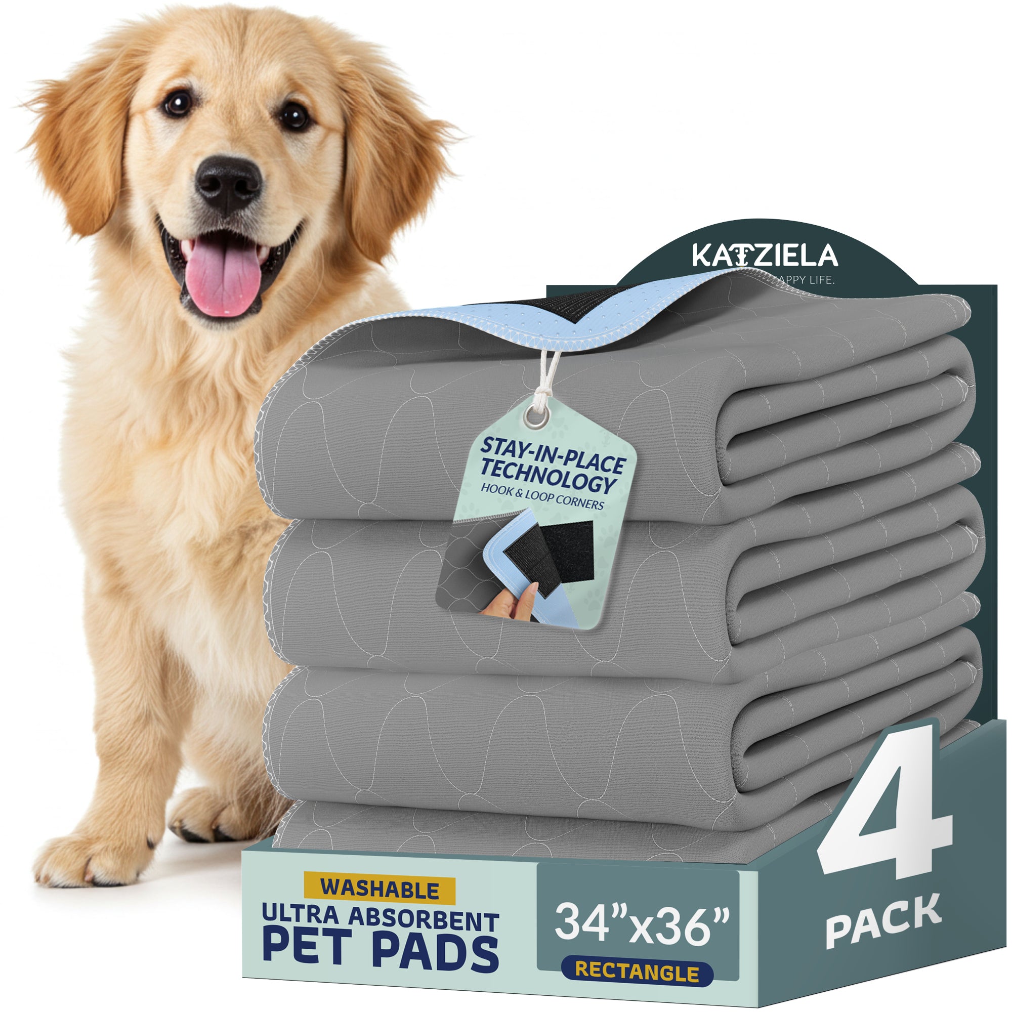 Katziela Quick-Drying Washable Pee Pads for Dogs With Hook & Loop Rectangular