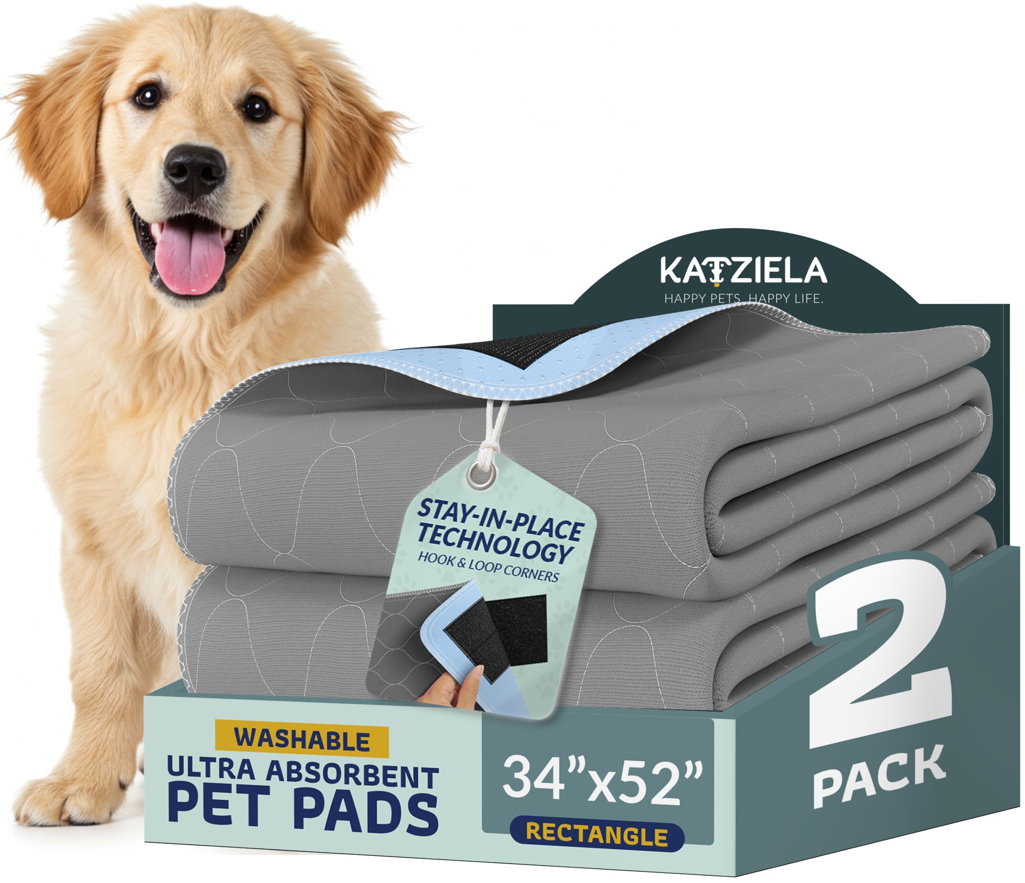 Katziela Quick-Drying Washable Pee Pads for Dogs With Hook & Loop Rectangular