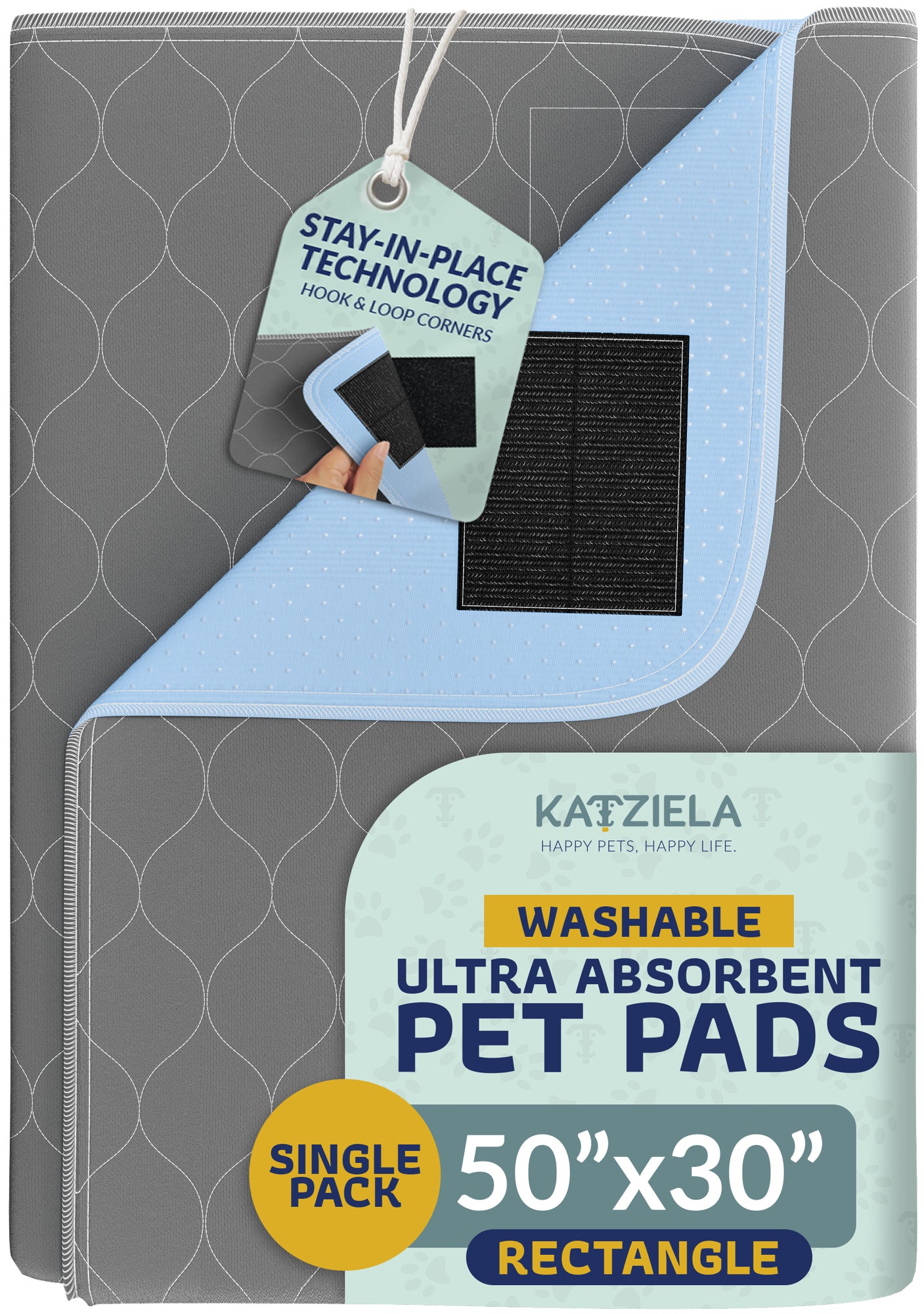 Katziela Quick-Drying Washable Pee Pads for Dogs With Hook & Loop Rectangular