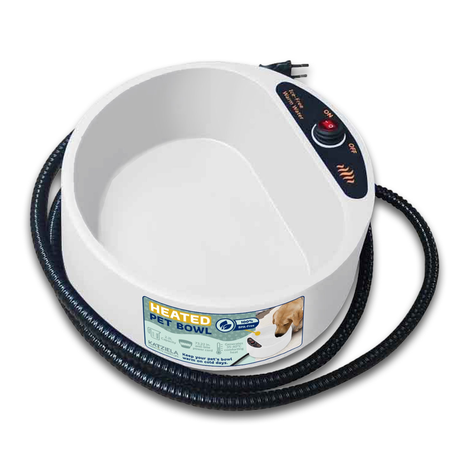 Katziela 2 Liter Heated Pet Water Bowl With Anti-Bite Cord To Keep Your Pet's Bowl Warm On Cool Day's