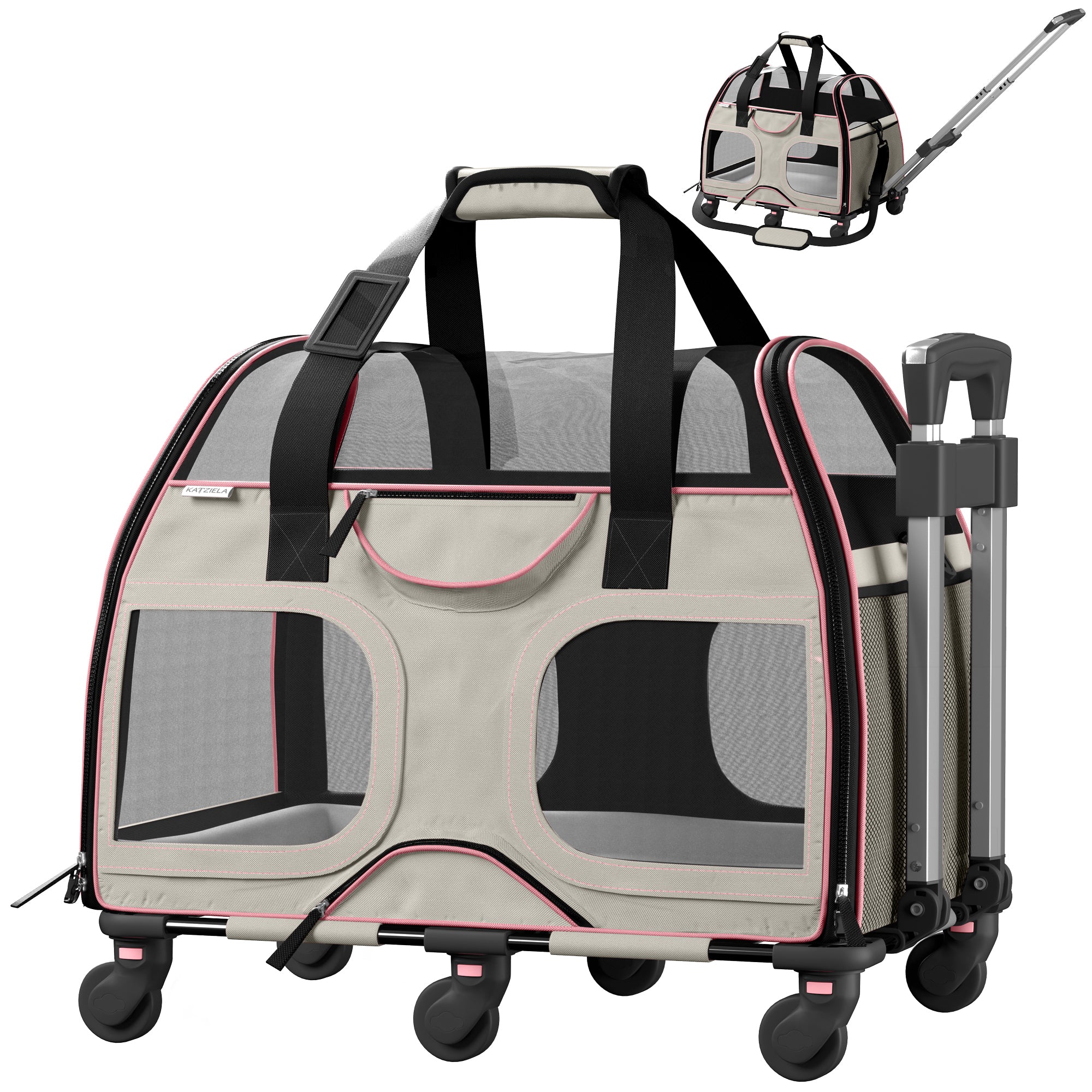 Katziela Luxury Rider Pet Carrier with Removable Wheels and Handle