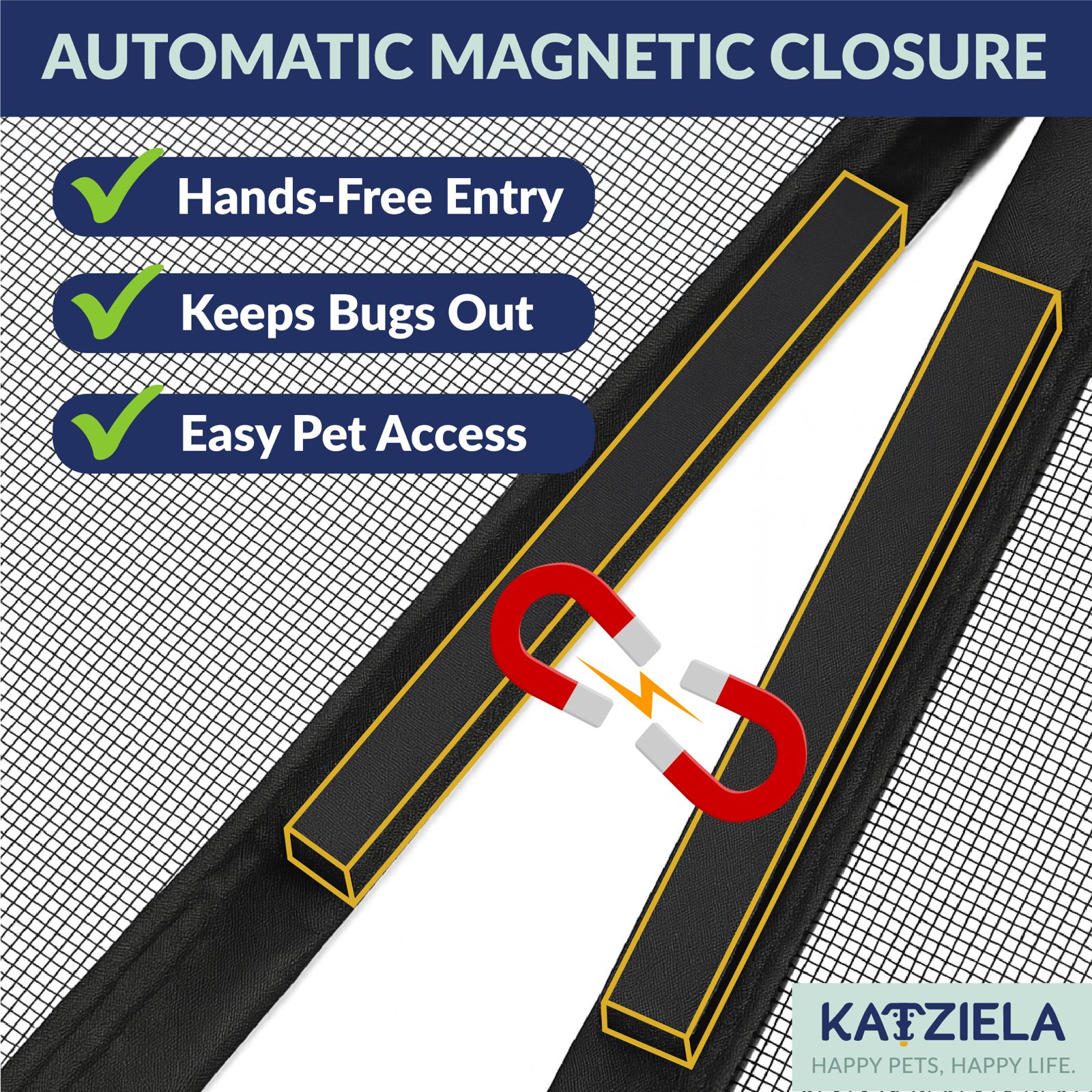 Katziela Magnetic Screen Door 38x83 – Pet & Kid-Friendly Mesh with Extra Bottom Magnets – Heavy-Duty, Hands-Free Closure, Keeps Bugs Out & Lets Fresh Air In