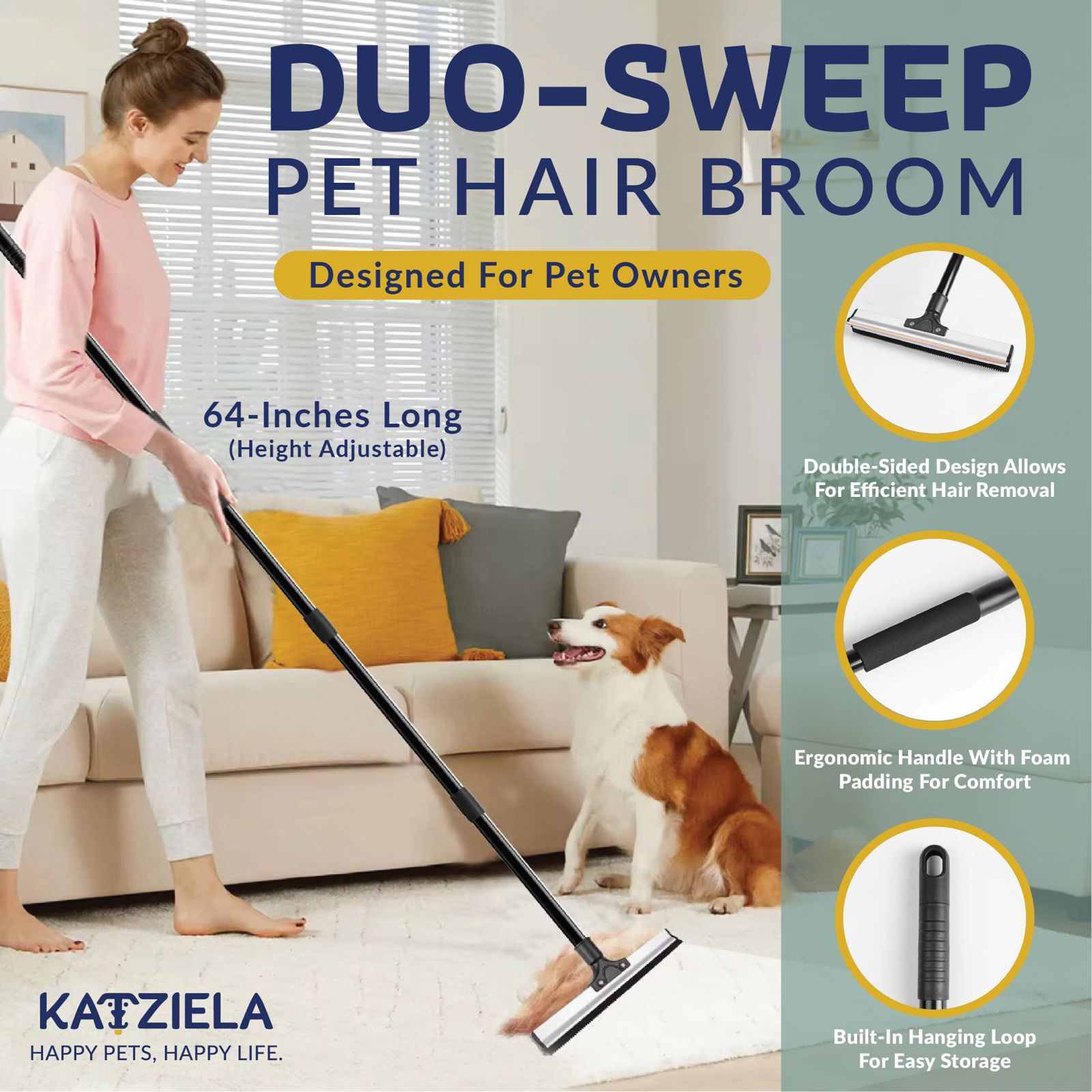 Katziela DuoSweep Broom – Dual-Sided Pet Hair Remover with Metal & Rubber Blade