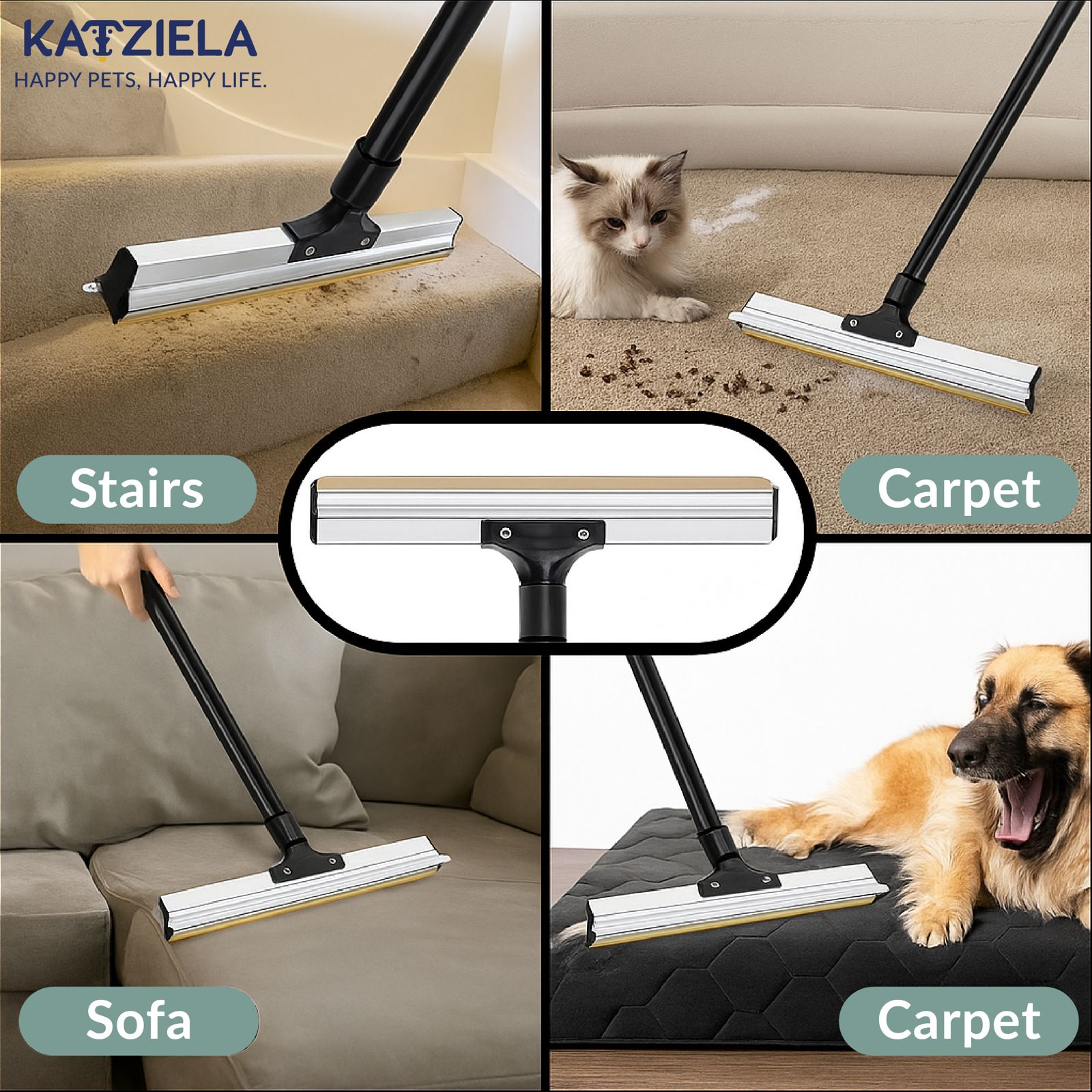 Katziela DuoSweep Broom – Dual-Sided Pet Hair Remover with Metal & Rubber Blade