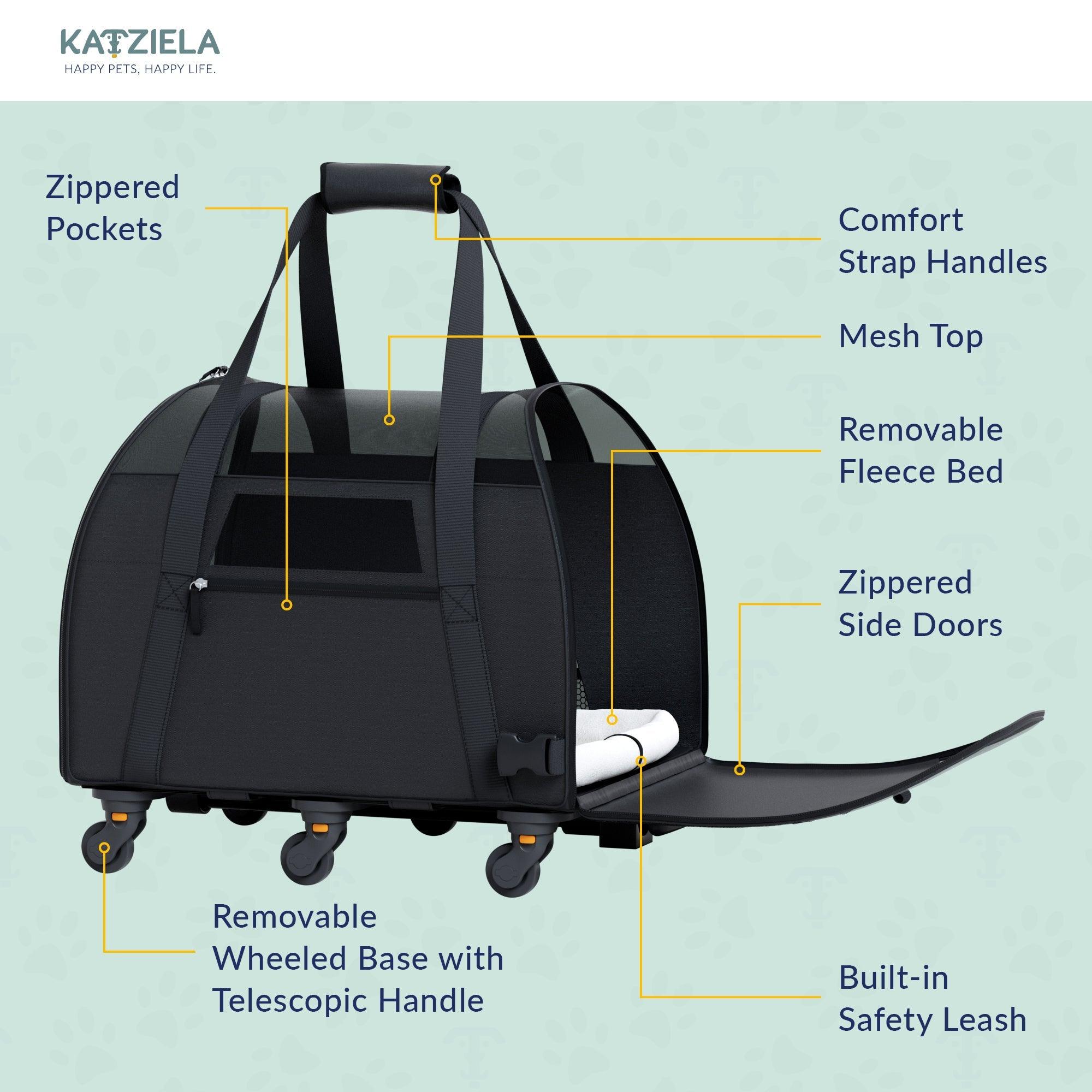 Cozy Commuter™ Pet Carrier with Removable Wheels and Telescopic Handle - Katziela