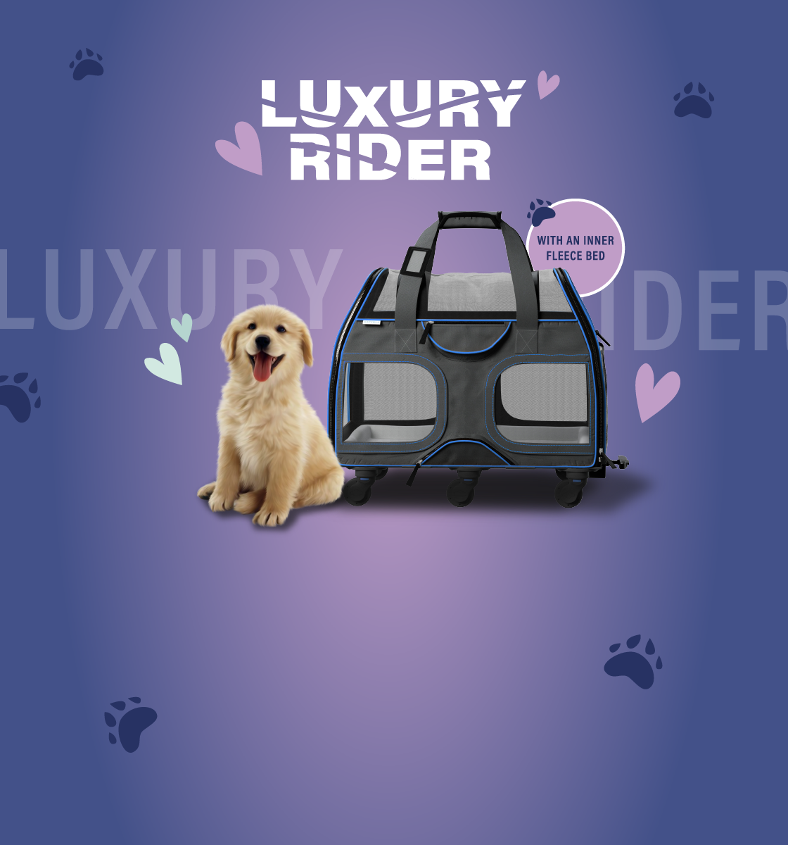 puppy next to katziela luxury rider dog carrier