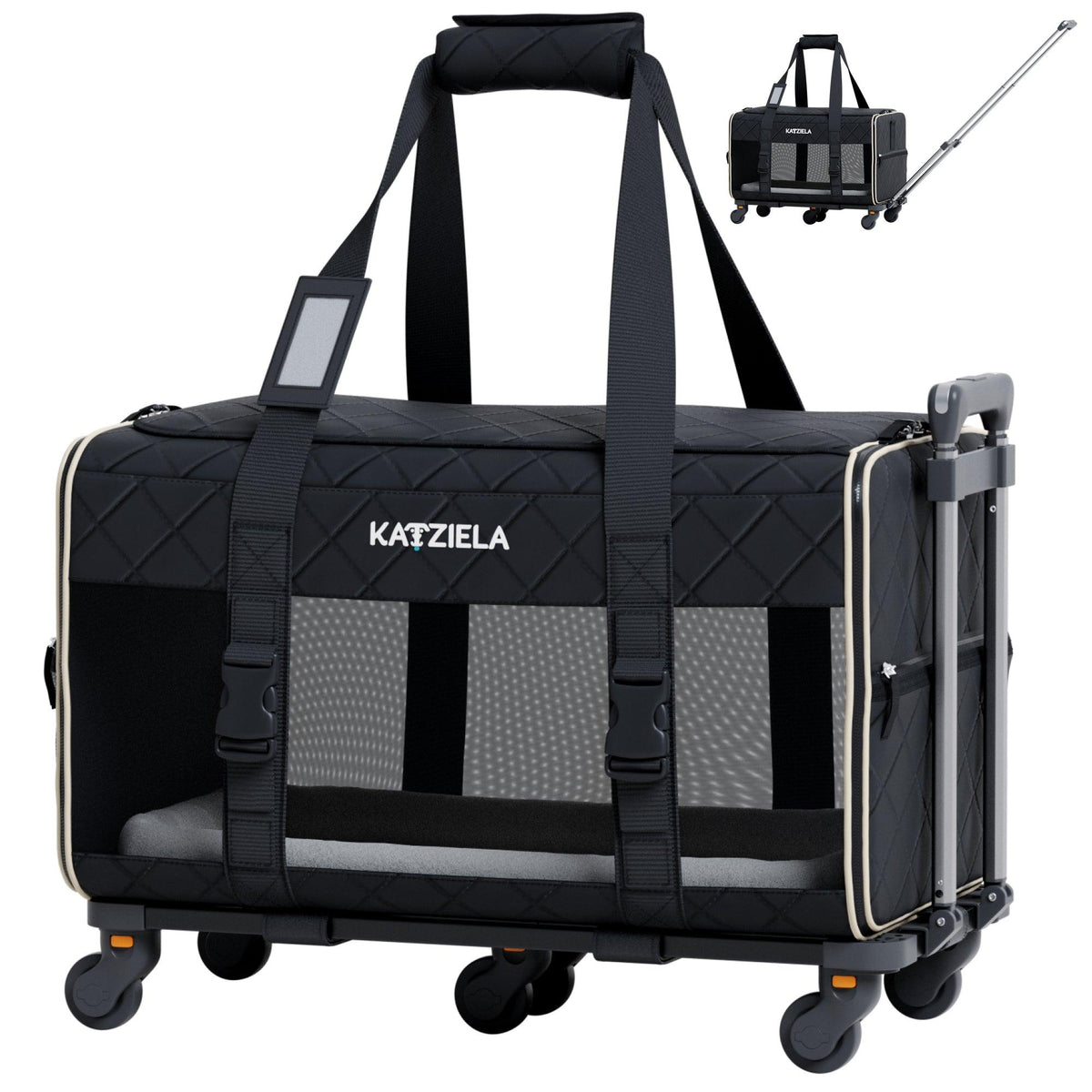 Katziela® Luxury Rider™ Pet Carrier with Removable Wheels and Handle