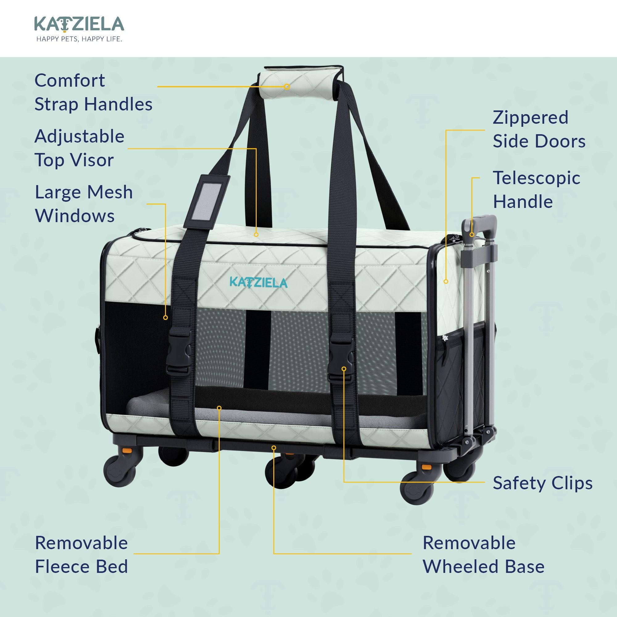 Katziela Rolling Pet Carrier Airline Approved – Pet Carrier with Wheels –  Luxury Lorry – Deluxe TSA Approved Cat Carrier with Wheels – Small Airline  Approved Dog Carrier Trolley – Plane Carry On Bag –