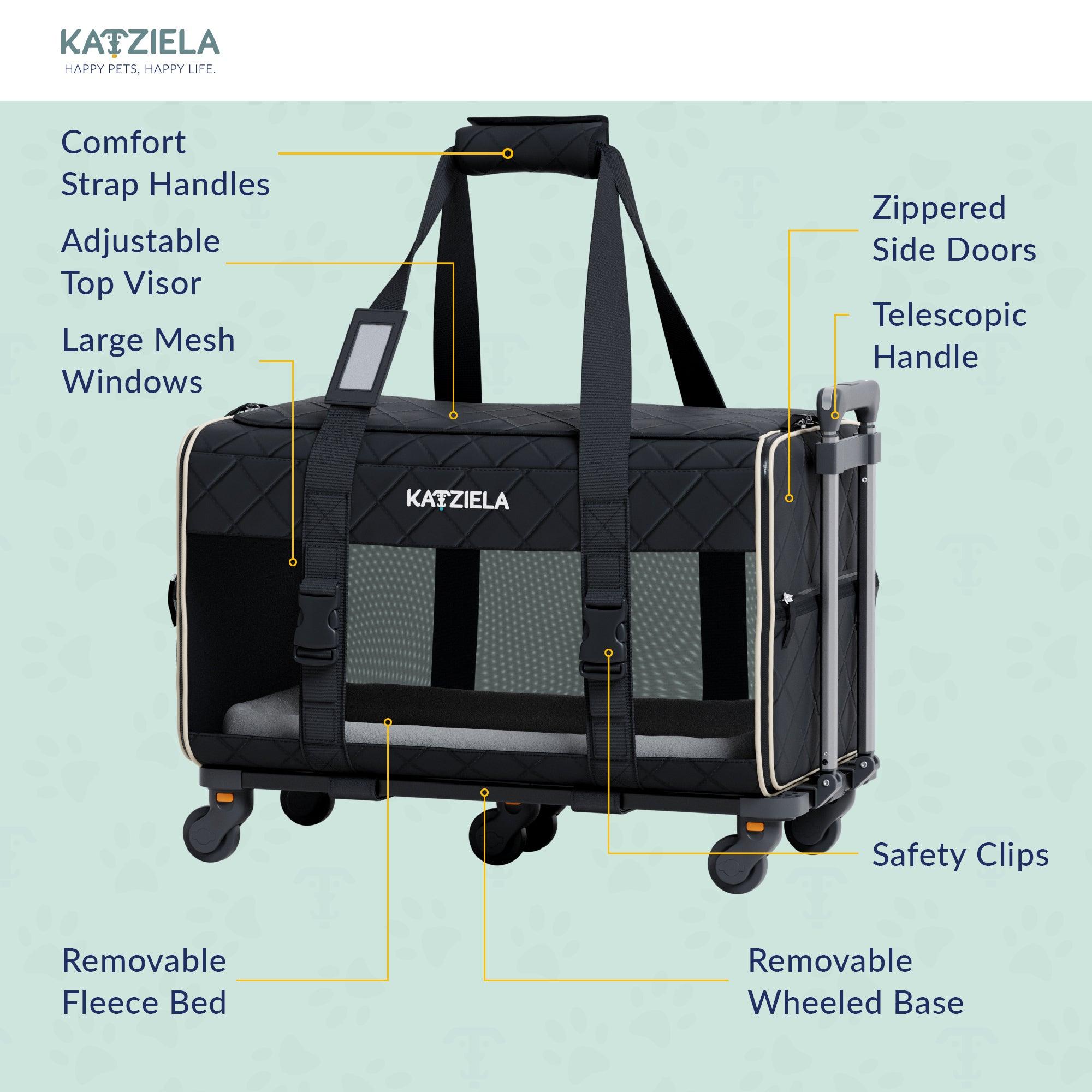 Quilted Chariot™ Pet Carrier With Removable Wheels and Telescopic Handle - Katziela