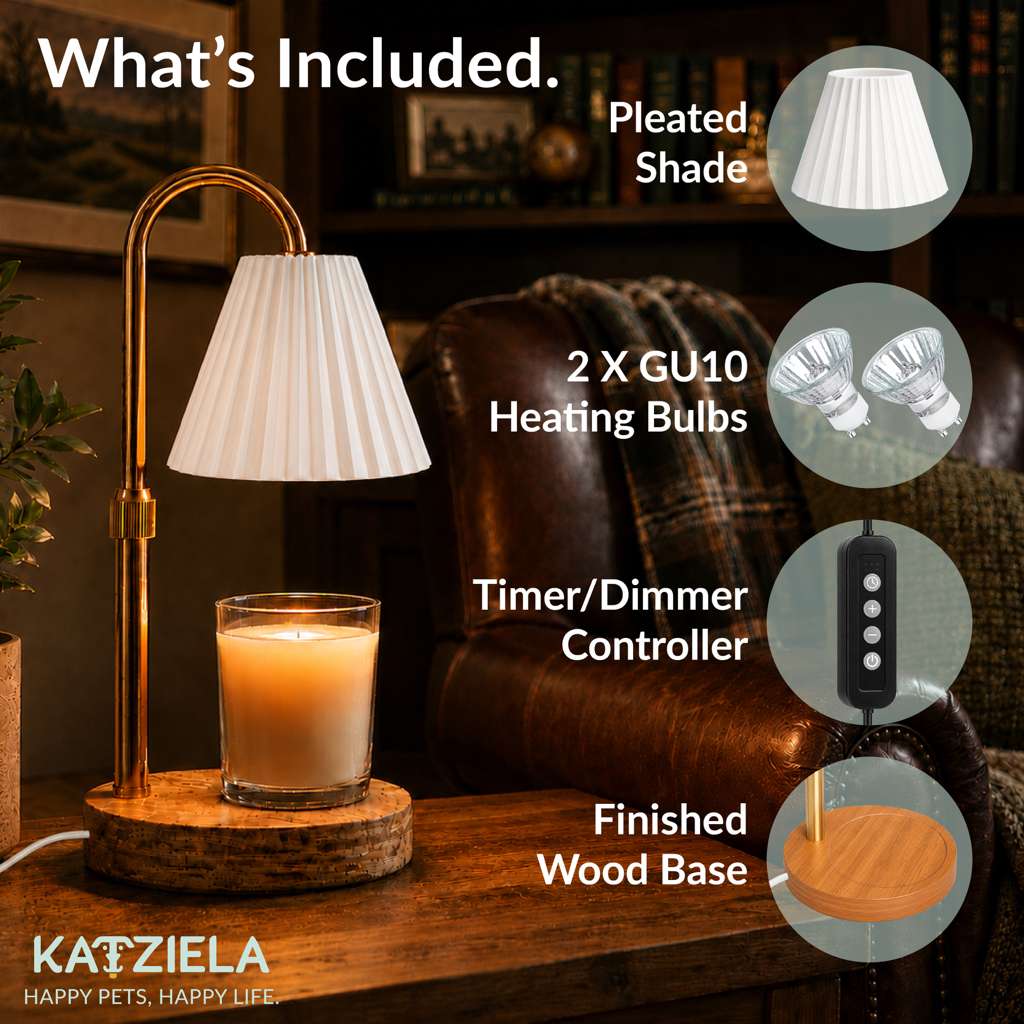 Candle warmer lamp what's included: pleated shade, 2 GU10 bulbs, timer/dimmer, wood base, white #Color_White
